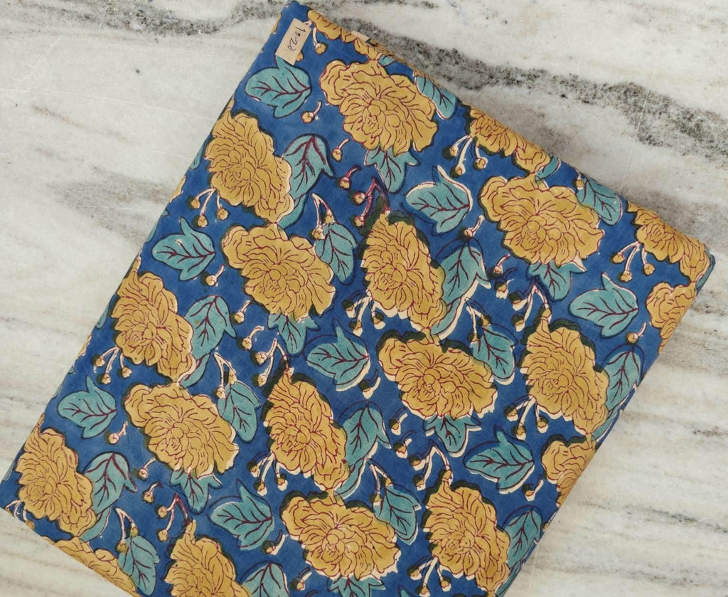 Blue Yellow Floral Cotton Fabric | Indian Block Print Fabric by Yard | Handmade Cotton Textile | Quilting Sewing Craft Dressmaking Fabric