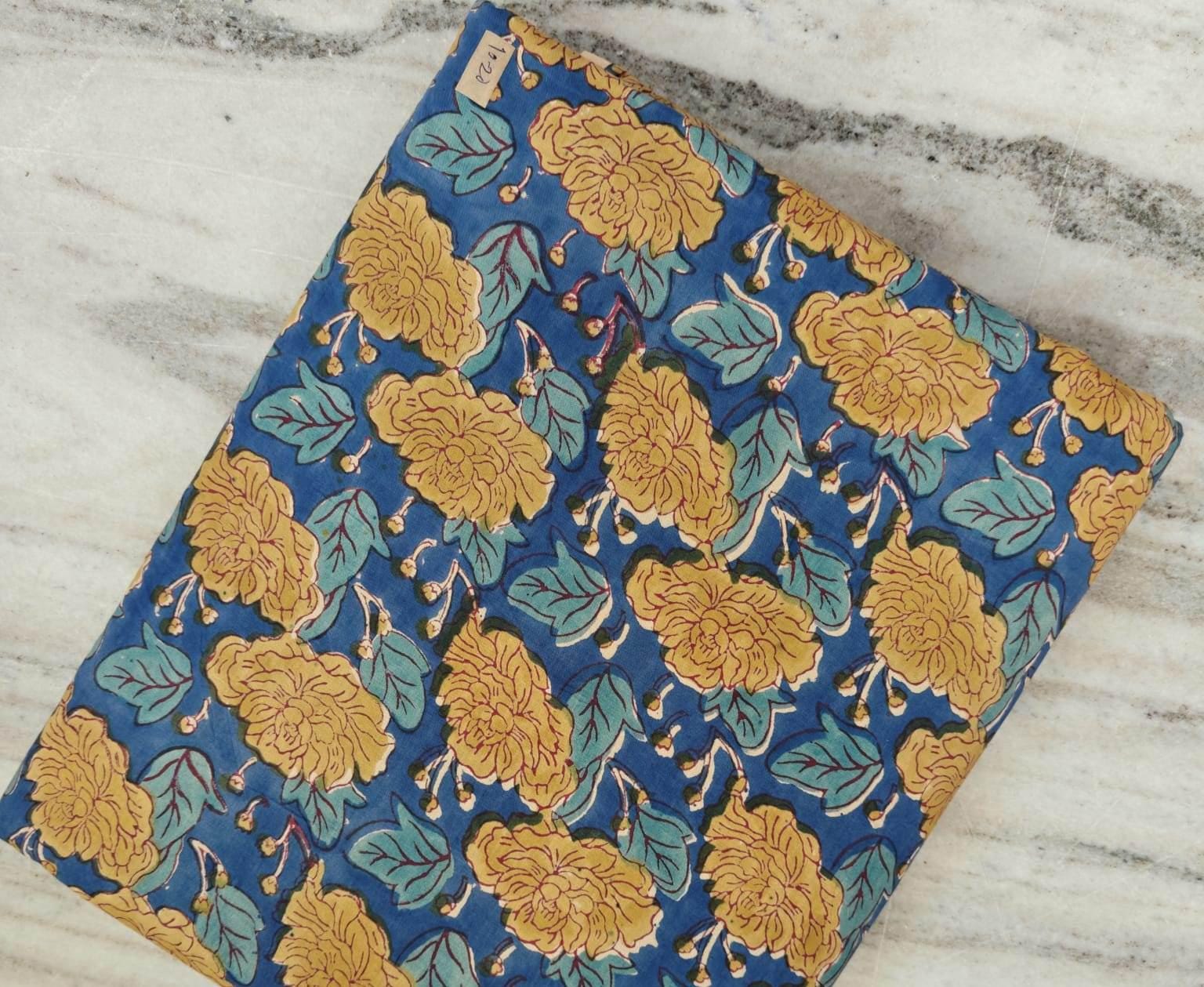 Blue Yellow Floral Cotton Fabric | Indian Block Print Fabric by Yard | Handmade Cotton Textile | Quilting Sewing Craft Dressmaking Fabric