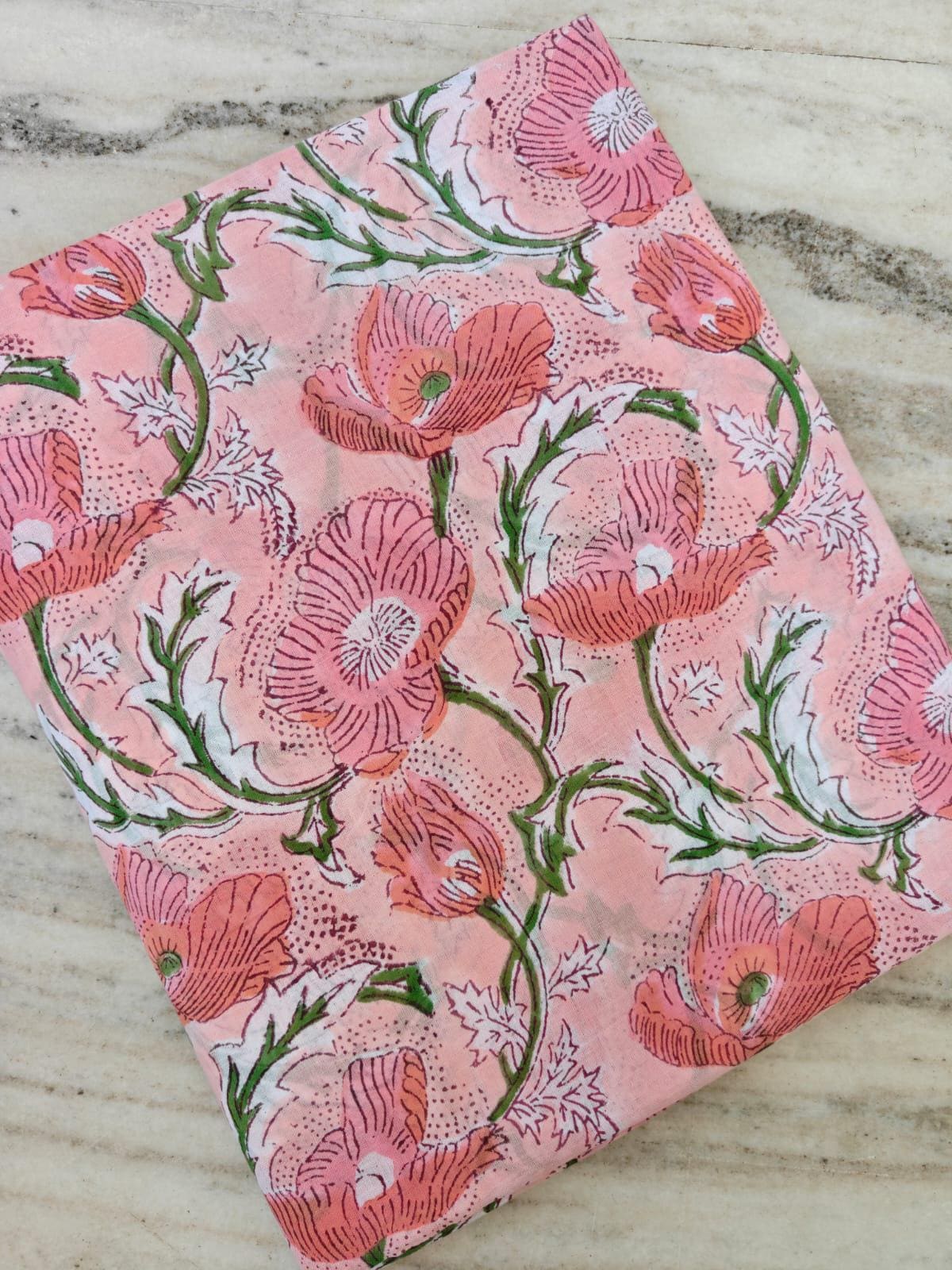 Pink Poppy Floral Cotton Fabric, Handblock Style Flower Print, Botanical Cotton Fabric, Quilting Sewing Material, Dressmaking & Craft Fabric