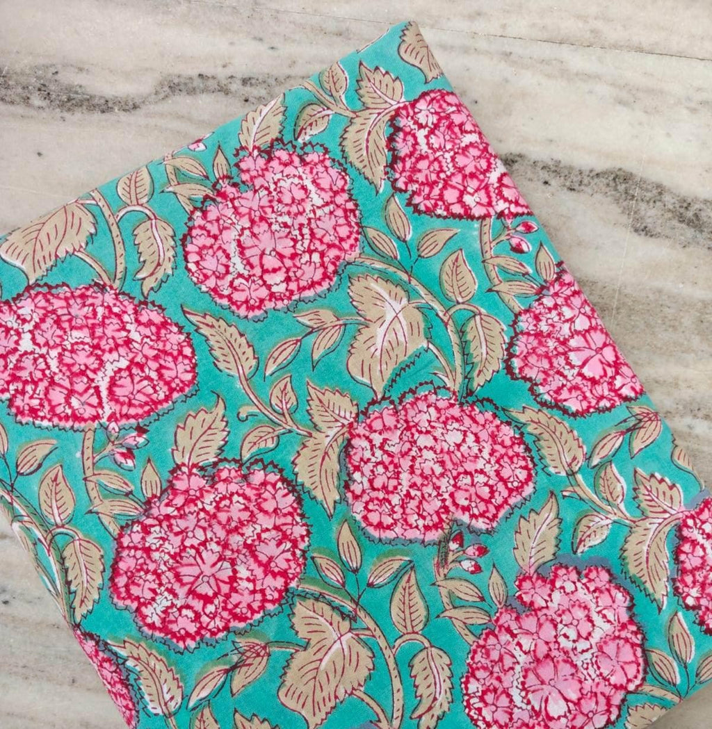 Teal Pink Floral Block Print Cotton Fabric Indian Hand Block Printed Fabric by the Yard, Soft Cotton Summer Floral Print Fabric Dress Making