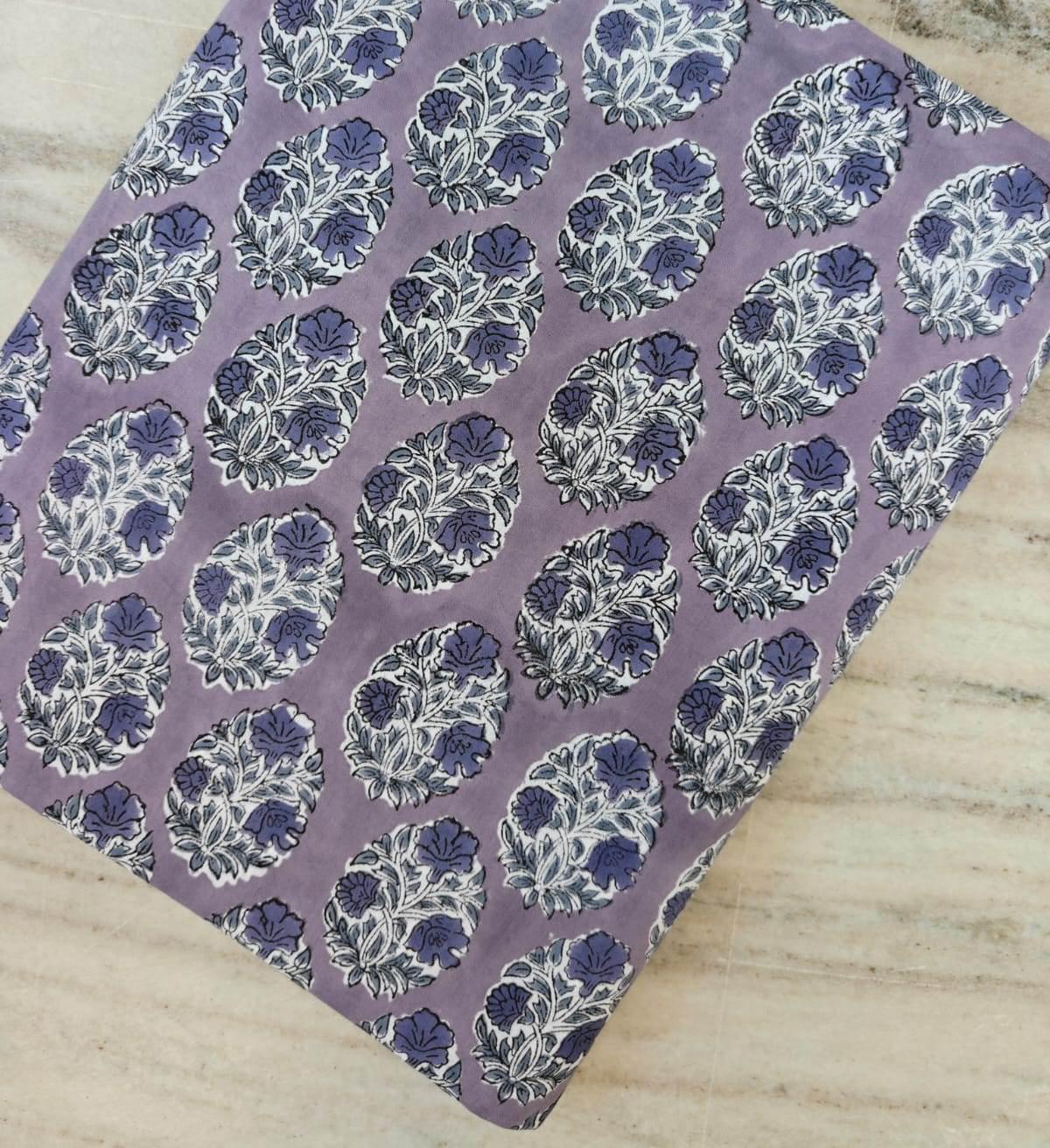 Lavender Floral Block Print Cotton Fabric, Hand Block Printed Indian Cotton, Purple Blue Floral Fabric, Quilting Sewing Craft Fabric by Yard