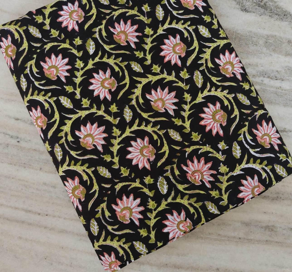 Black Floral Cotton Fabric by the Yard, Pink Lotus Vine Print, Indian Block Print Fabric, Botanical Quilting Fabric, Dressmaking, Napkins