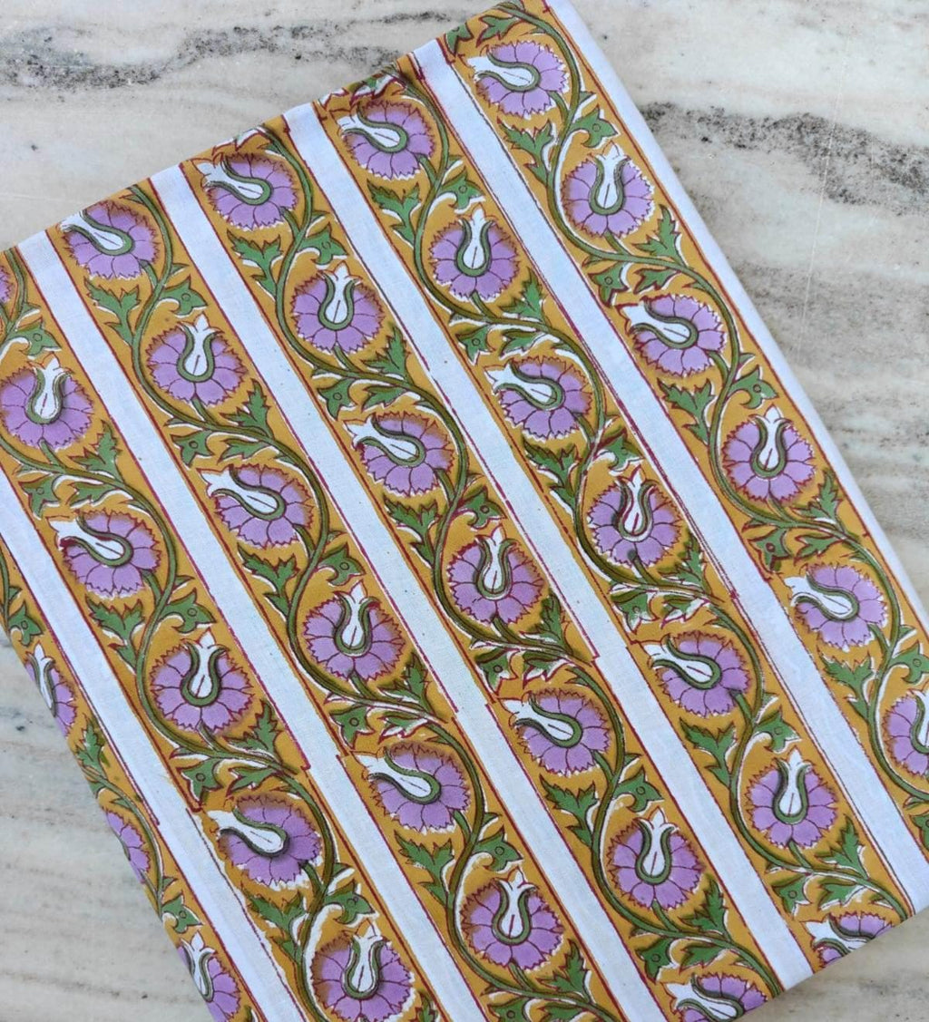 Mustard Yellow Floral Cotton Fabric by Yard, Paisley Stripe Block Print, Indian Handmade Fabric, Bohemian Craft Textile Loose Running Fabric