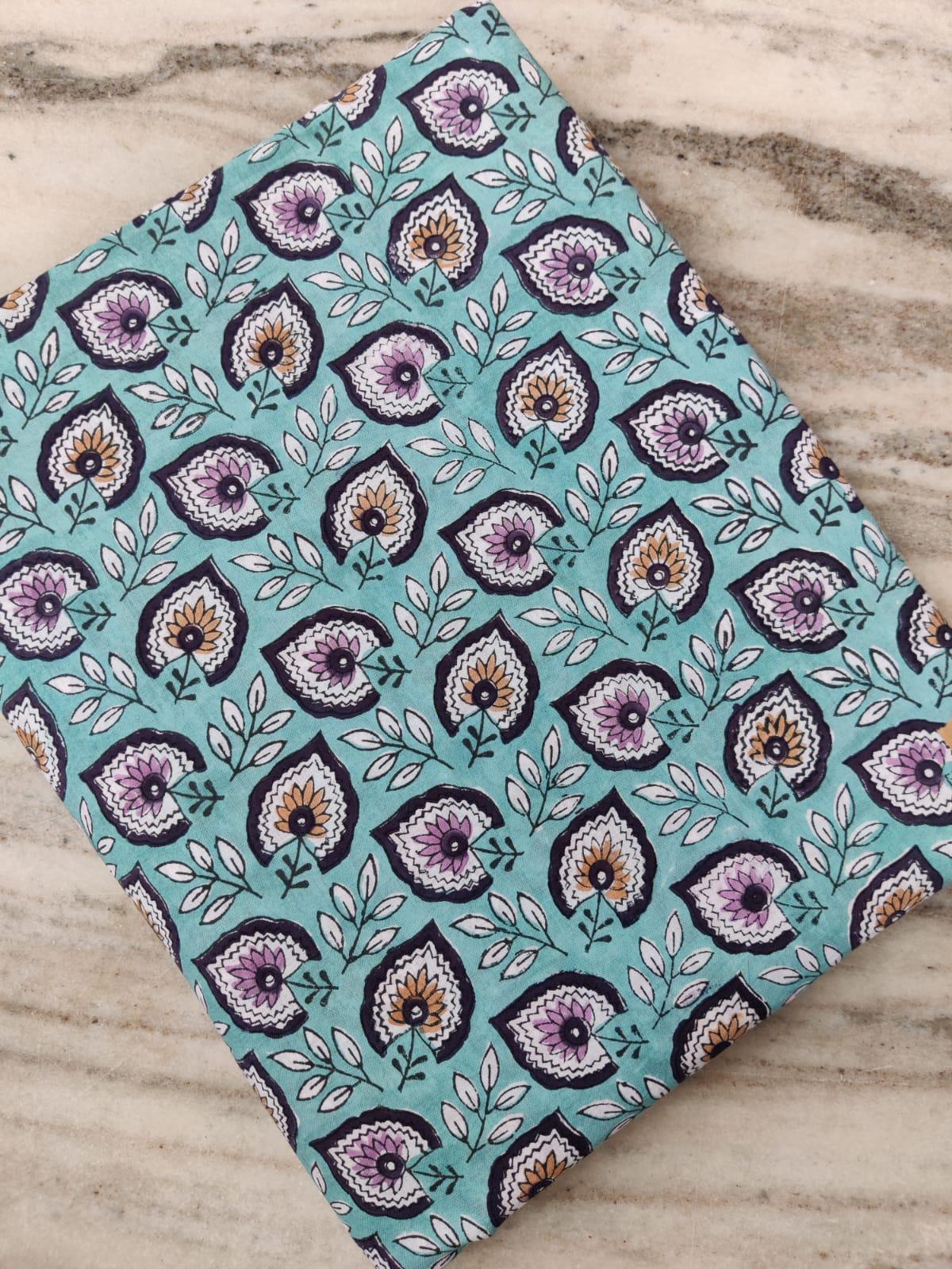 Green Floral Cotton Fabric by the Yard, Hand Block Print Pink Flowers, Soft Indian Cotton for Quilting, Dressmaking, Loose Running Fabric