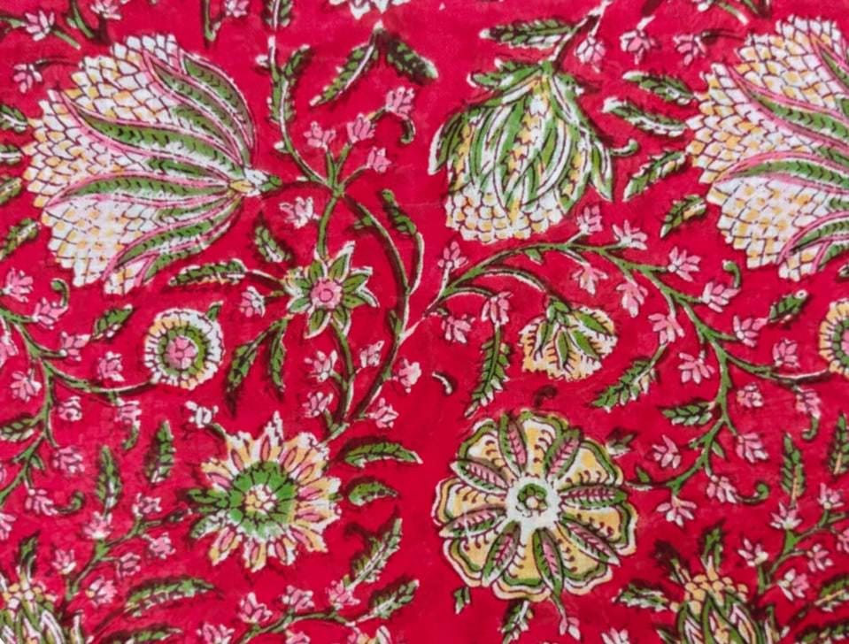 Red Floral Cotton Fabric, Hand Block Print Fabric, Indian Cotton Textile, Soft Lightweight Fabric, Dressmaking Sewing Material, Craft Fabric
