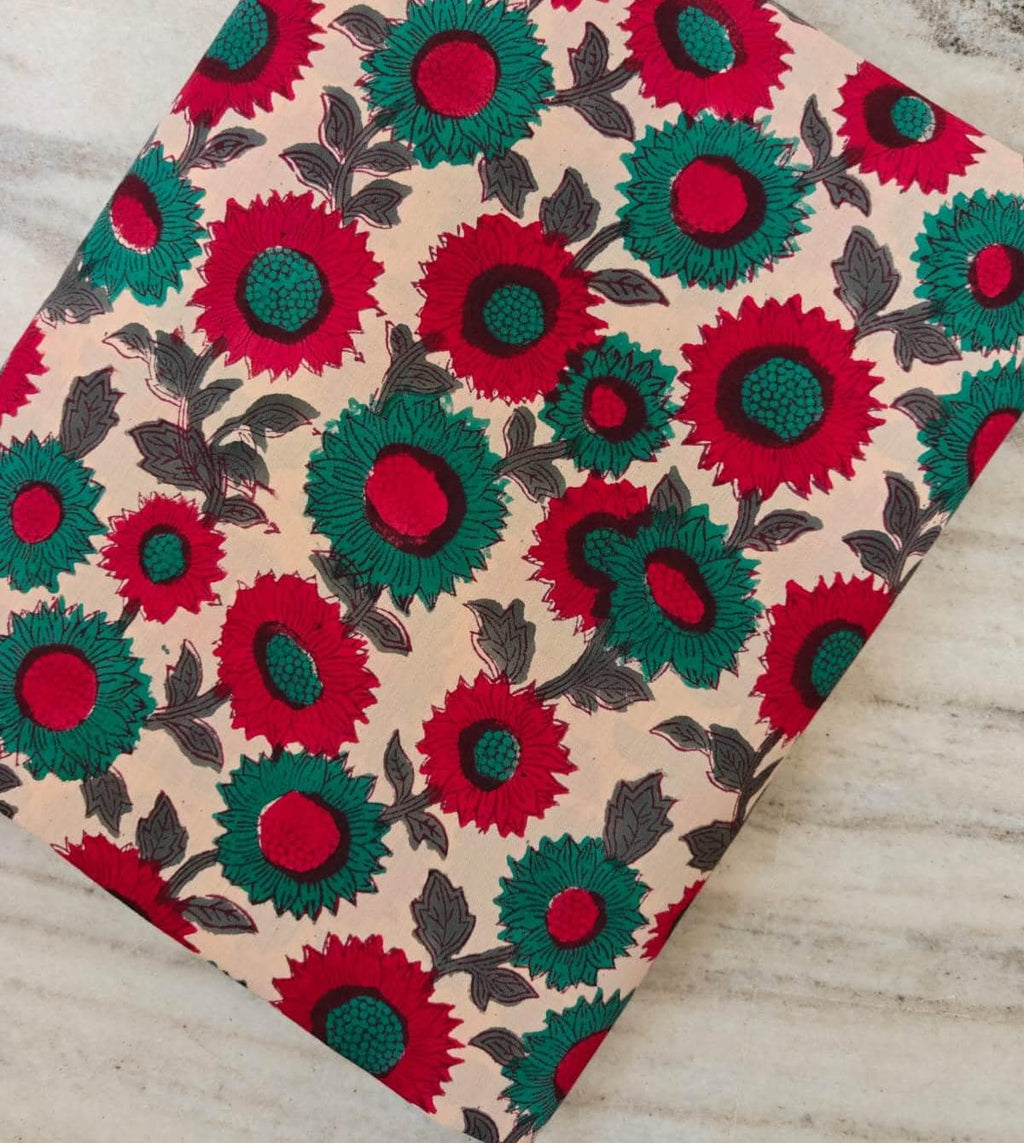 Vintage Sunflower Floral Cotton Fabric by the Yard, Red and Teal Sunflower Print on Beige, Vintage Style Flower Fabric Quilting Sewing Craft