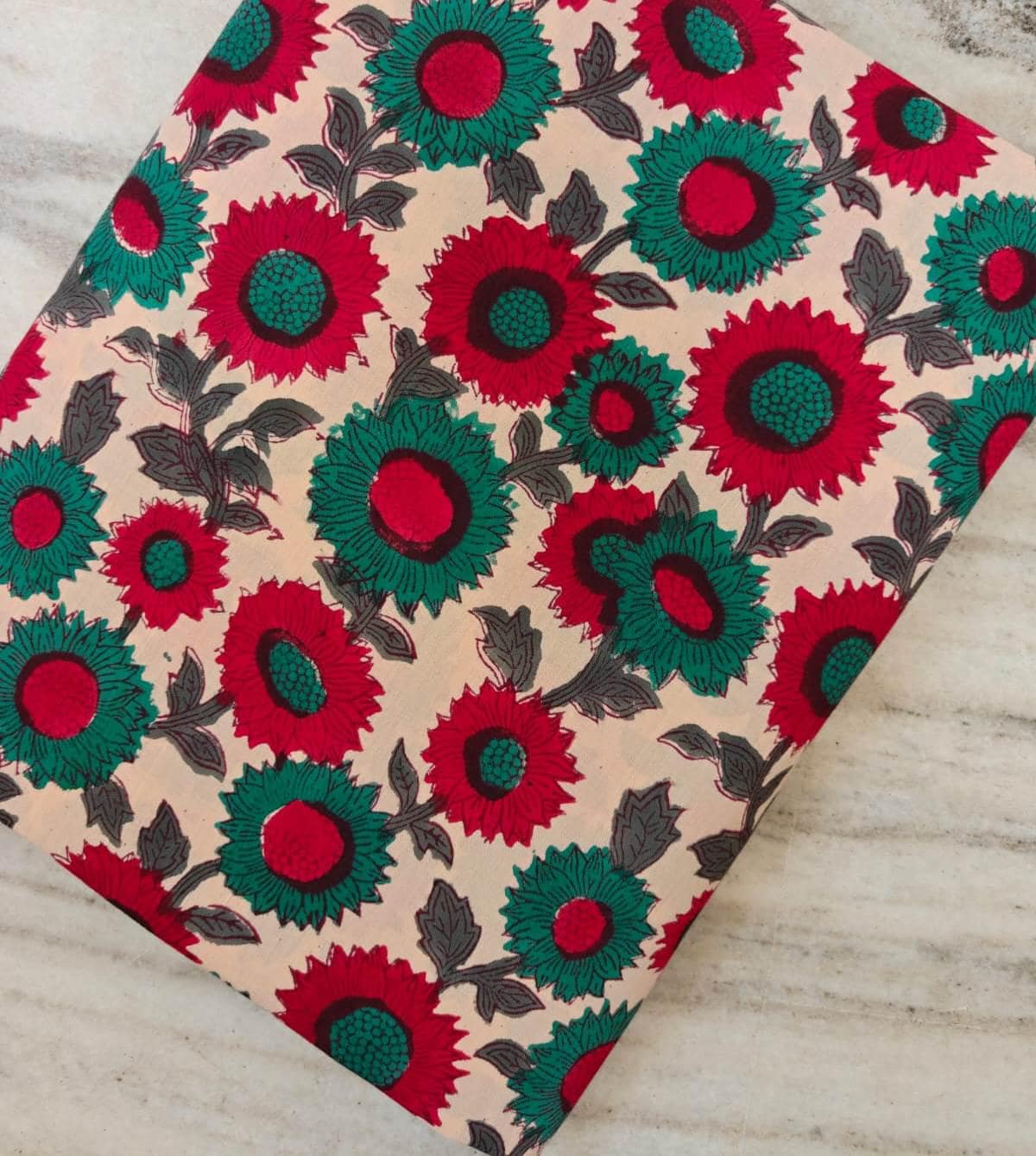 Vintage Sunflower Floral Cotton Fabric by the Yard, Red and Teal Sunflower Print on Beige, Vintage Style Flower Fabric Quilting Sewing Craft