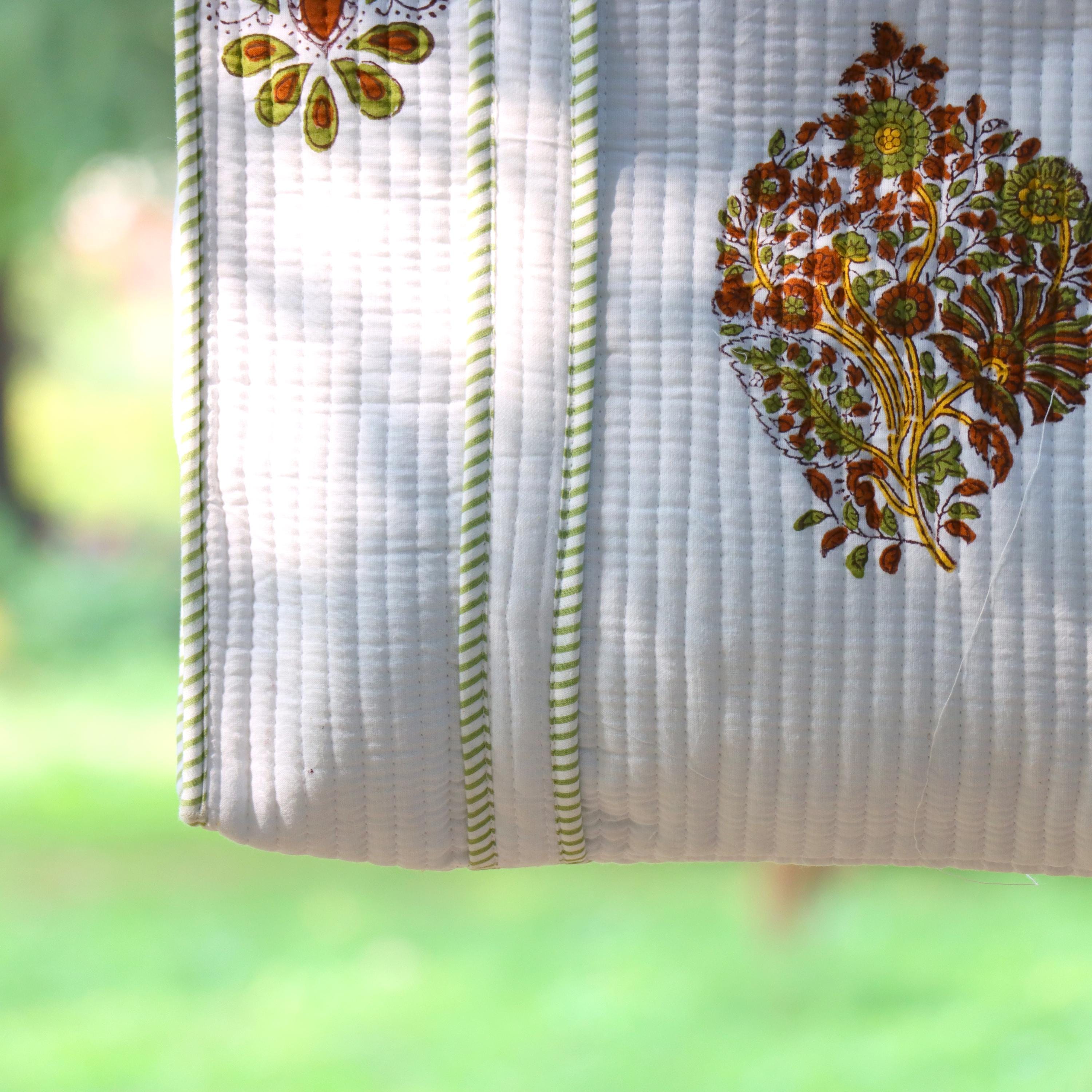 Hand Block White Cotton Floral Block Print Shoulder Bag, Handmade Quilted Tote Bag, Quilted Tote Bag, Indian Bags Shopping Bags, Women's Bag