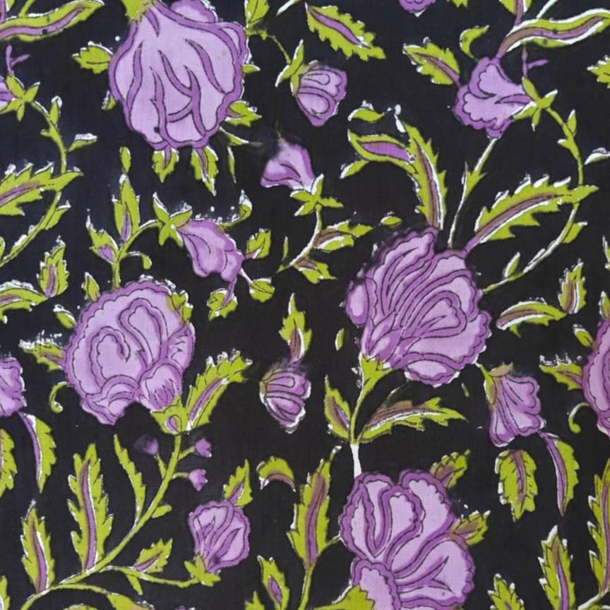 Black Floral Cotton Fabric by the Yard, Purple Rose Print Cotton Fabric, Indian Block Print Fabric, Floral Craft Fabric, Dressmaking Fabric