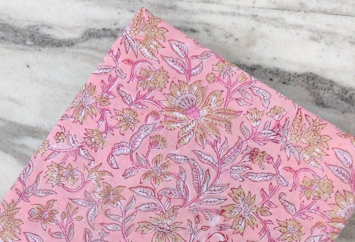 Pink Cotton Fabric with Yellow Floral Print, Hand Block Print Fabric by the Yard, Soft Indian Cotton for Sewing, Dressmaking & Crafts