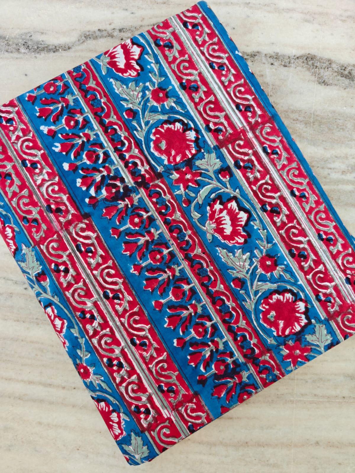 Boho Red & Teal Floral Stripe Cotton Fabric, Indian Handblock Style Print, Vintage Ethnic Textile, Quilting Dressmaking Craft Fabric