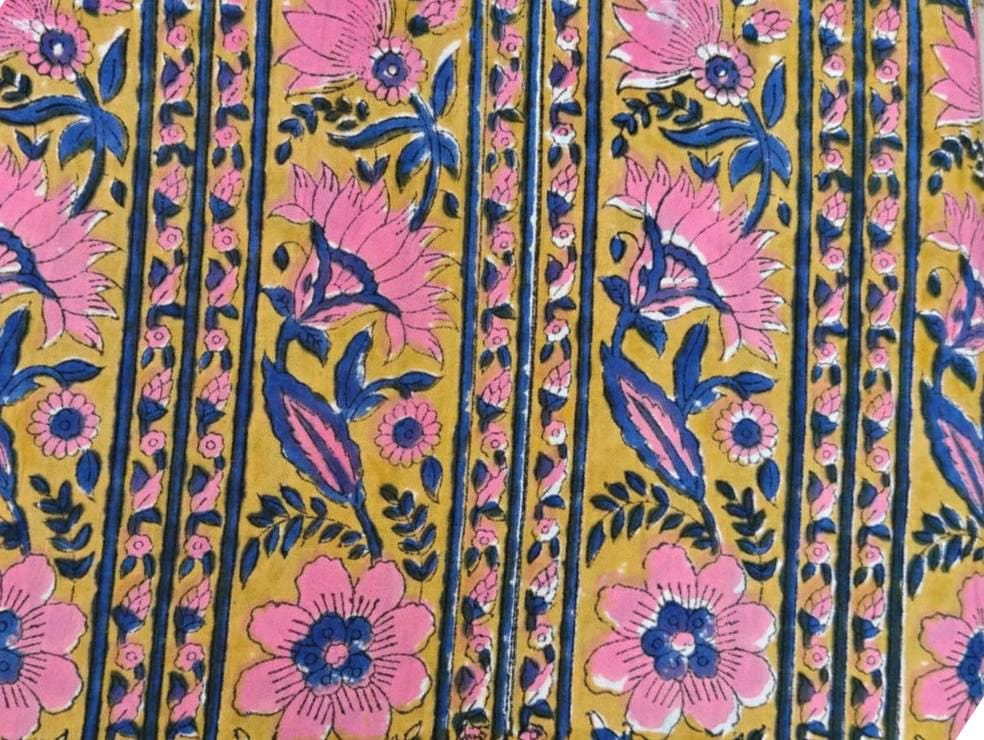 Mustard Yellow Floral Cotton Fabric, Pink Blue Indian Block Print, Stripe Boho Fabric by Yard, Quilting Sewing Dressmaking Quilting Napkins