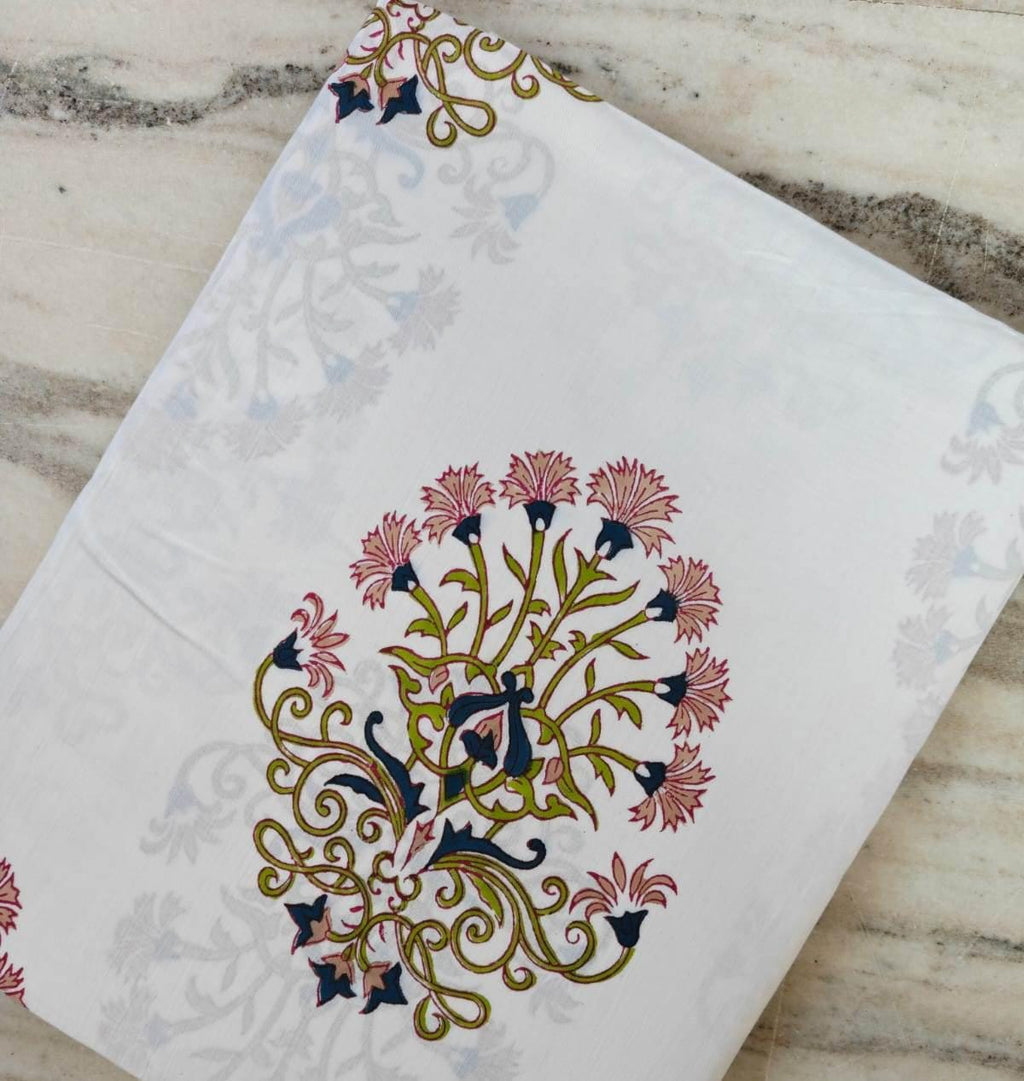 Indian Floral Cotton Fabric by the Yard, White Botanical Block Print Style Fabric, Pink Blue Flower Sewing Fabric for Dressmaking & Quilting