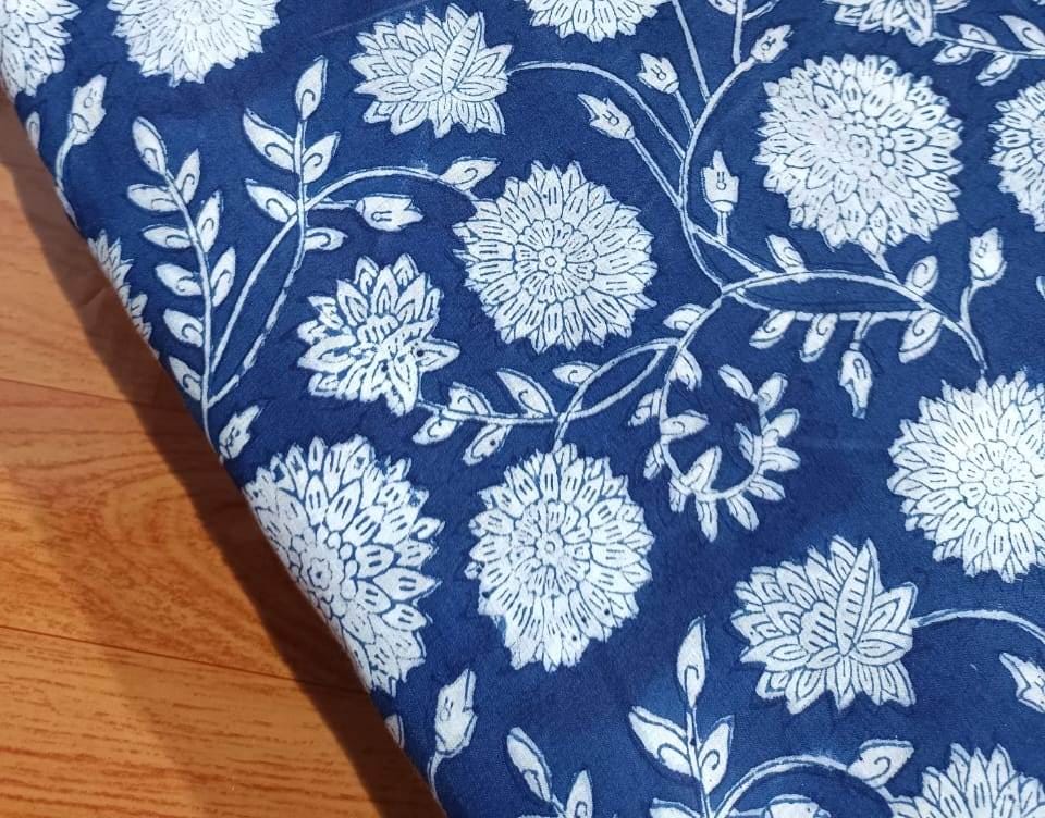 Indigo Blue Hand Block Print Cotton Fabric, White Floral Indian Fabric by the Yard, Soft Cotton for Quilting, Dressmaking, Running Fabric
