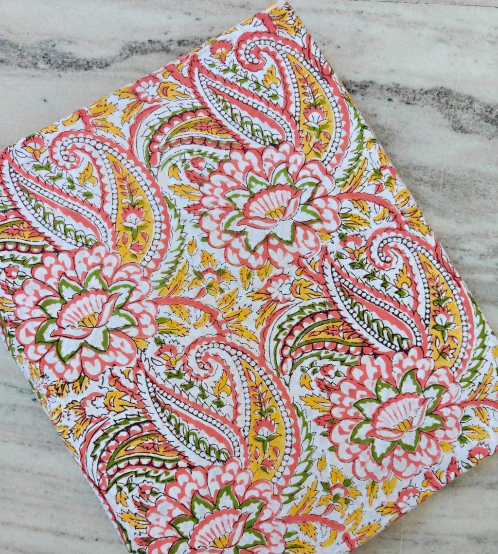 Indian Cotton Paisley Fabric, Floral Block Print Fabric, Handmade Cotton Fabric by Yard, Pink Yellow Floral Fabric, Craft Quilting Fabric