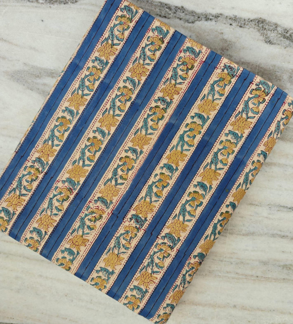 Blue Striped Floral Block Print Cotton Fabric, Indian Hand Block Print Fabric by Yard Boho Floral Stripe Cotton, Natural Cotton Dress Fabric