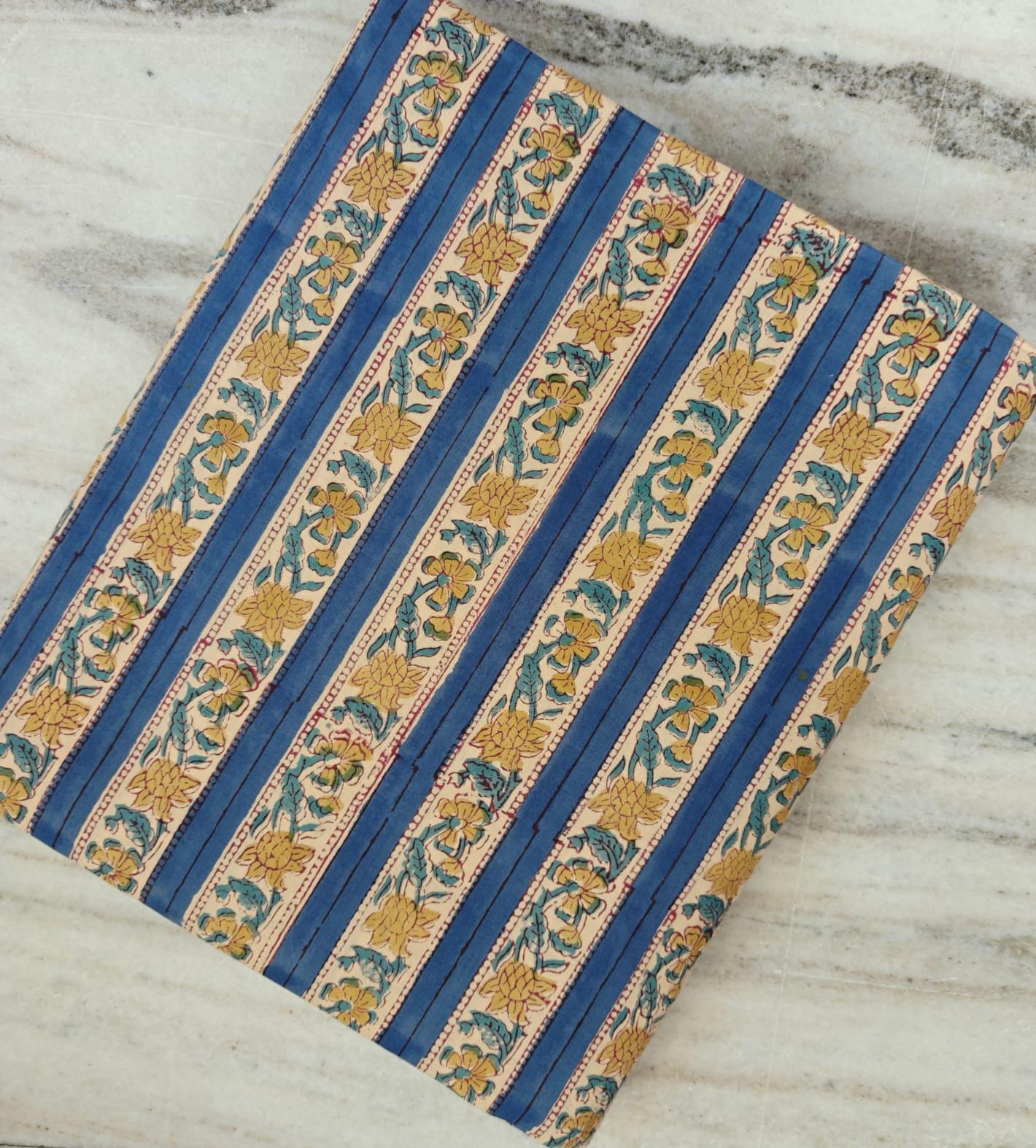 Blue Striped Floral Block Print Cotton Fabric, Indian Hand Block Print Fabric by Yard Boho Floral Stripe Cotton, Natural Cotton Dress Fabric