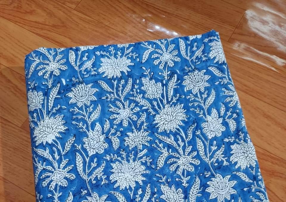 White Floral on Blue Cotton Fabric, Hand Block Print Indian Fabric by the Yard, Soft Pure Cotton Quilting, Sewing, Dressmaking, Home Decor