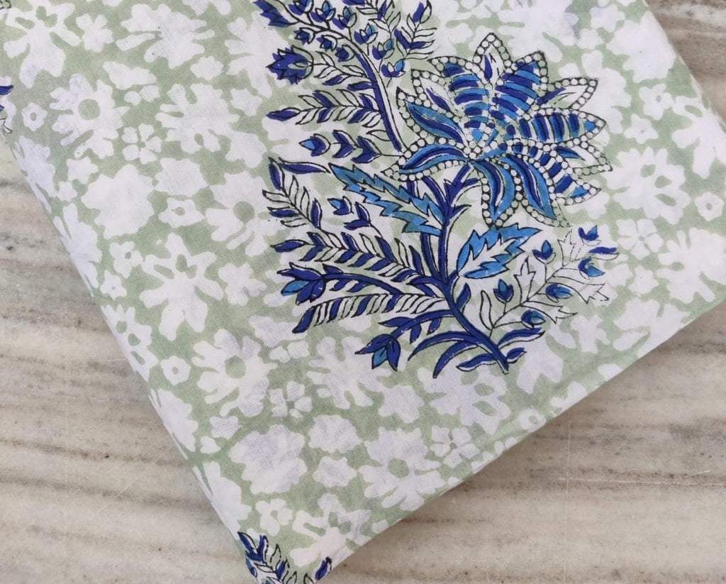 Blue Floral Hand Block Print Cotton Fabric, Soft Indian Fabric by the Yard, White & Sage Green Background, Quilting, Dressmaking, Gift Ideas