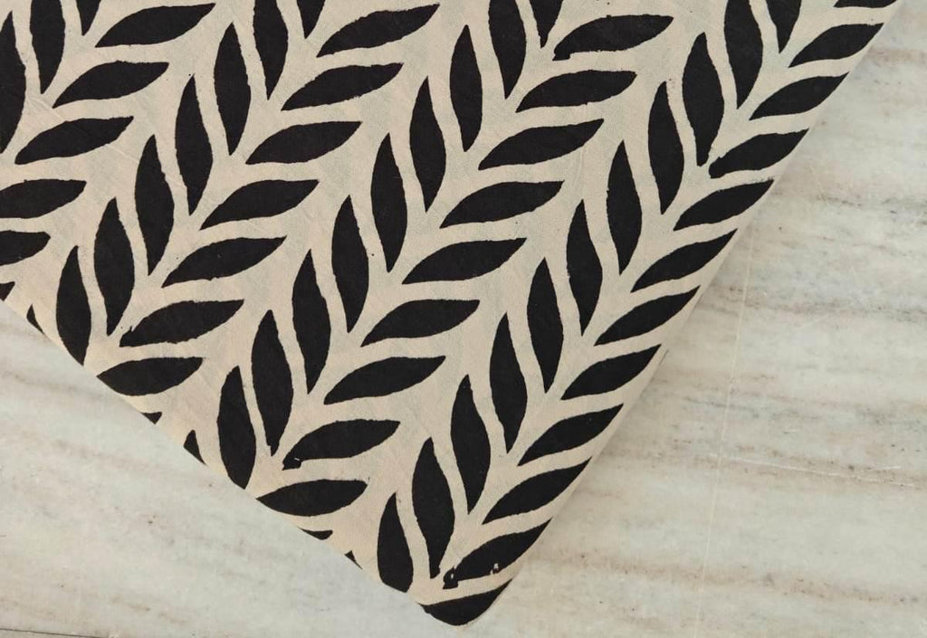 Black Leaf Print Cotton Fabric, Modern Botanical Hand Block Fabric, Home Decor By The Yard, Fabric For Dress Making, Loose Running Fabric