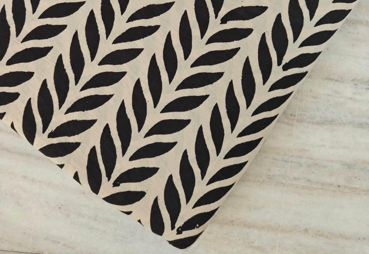 Black Leaf Print Cotton Fabric, Modern Botanical Hand Block Fabric, Home Decor By The Yard, Fabric For Dress Making, Loose Running Fabric