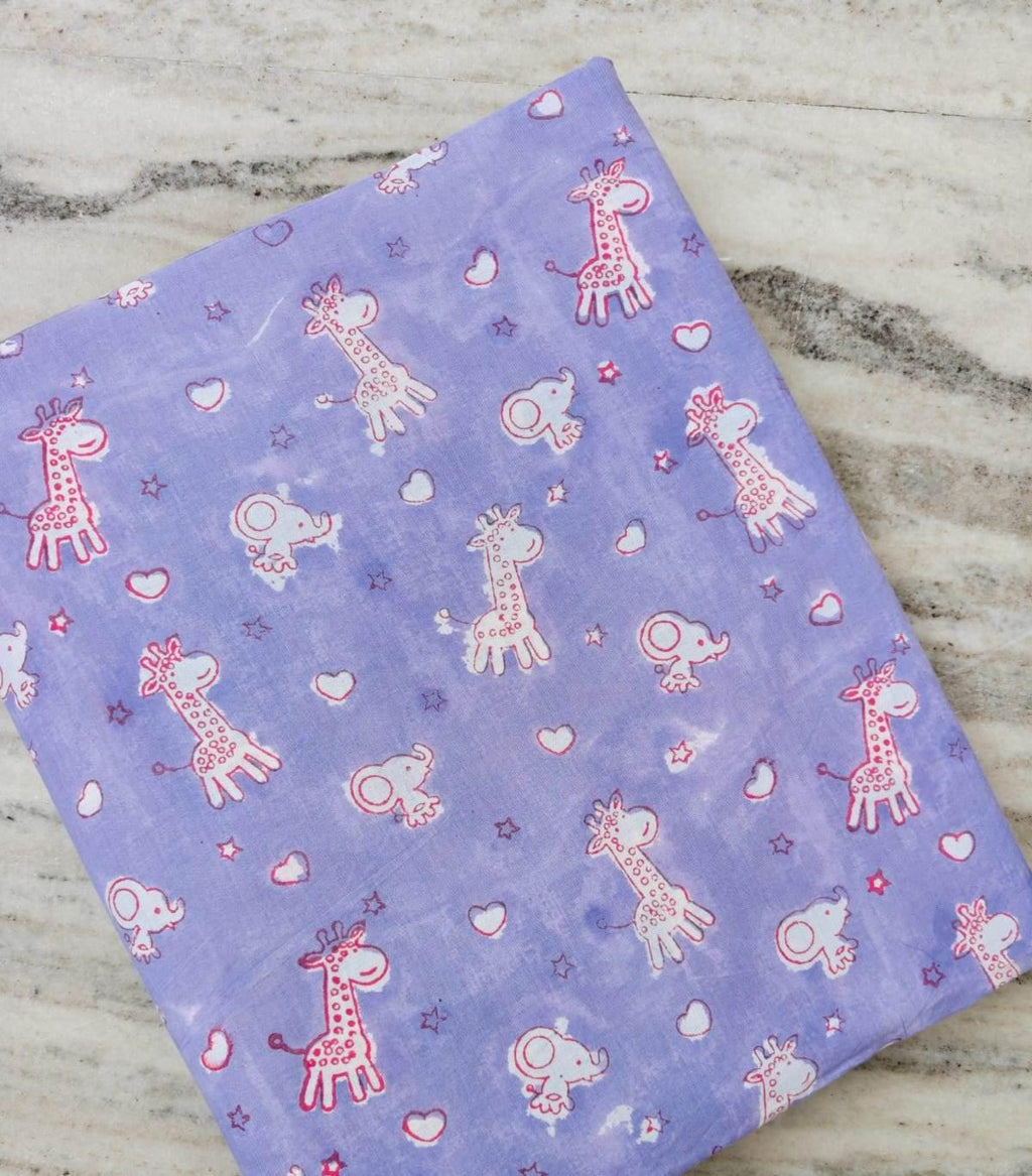 Purple Baby Animal Cotton Fabric, Cute Giraffe Elephant Print, Kids Nursery Fabric, Cartoon Animal Textile, Quilting Sewing Craft Fabric