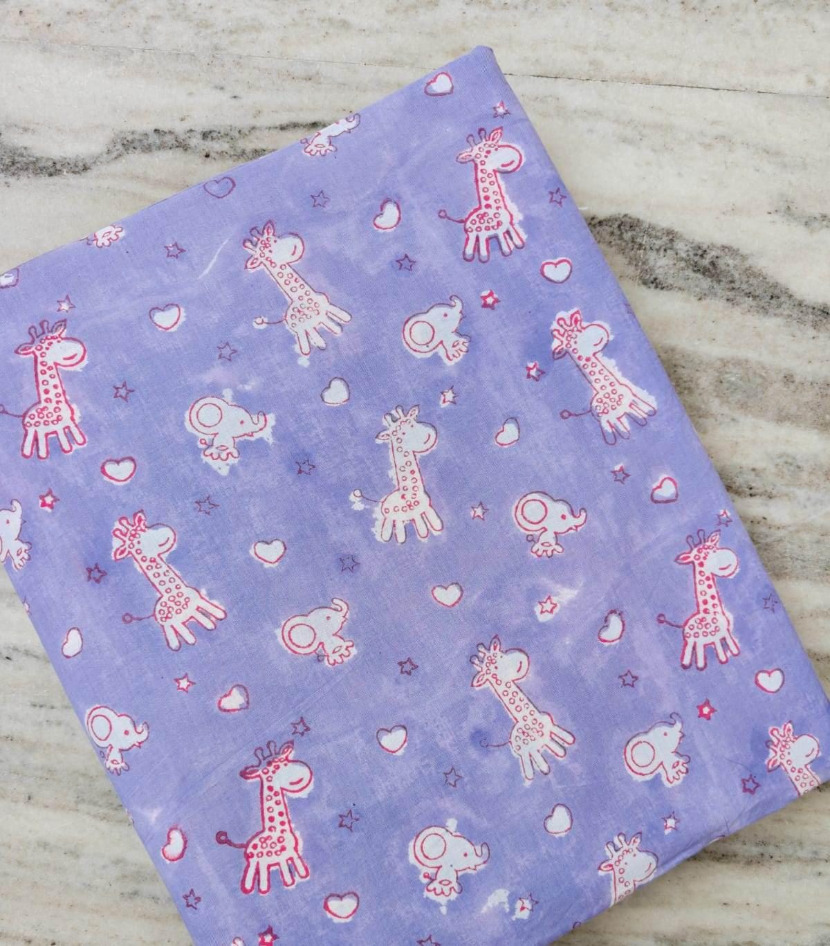 Purple Baby Animal Cotton Fabric, Cute Giraffe Elephant Print, Kids Nursery Fabric, Cartoon Animal Textile, Quilting Sewing Craft Fabric