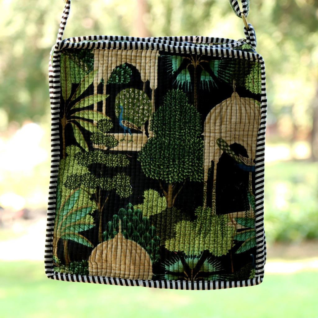 Quilted Crossbody Sling Bag, Handmade Cotton Shoulder Bag, Forest Print Small Travel Pouch, Lightweight Zip Purse for Women Adjustable Strap