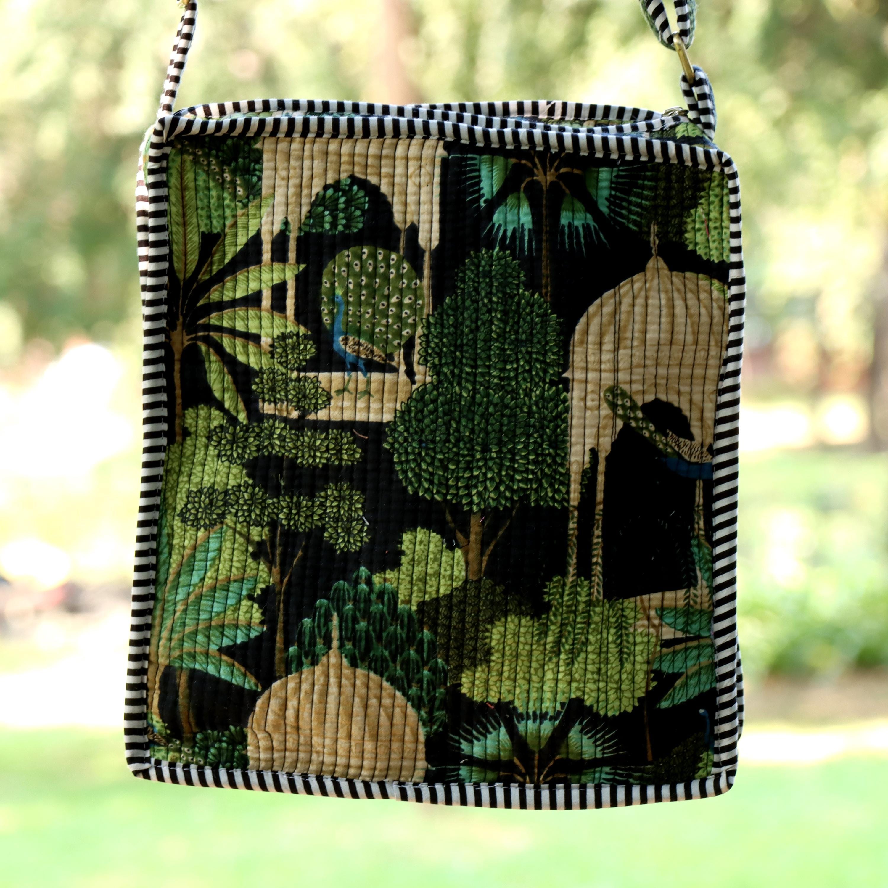 Quilted Crossbody Sling Bag, Handmade Cotton Shoulder Bag, Forest Print Small Travel Pouch, Lightweight Zip Purse for Women Adjustable Strap