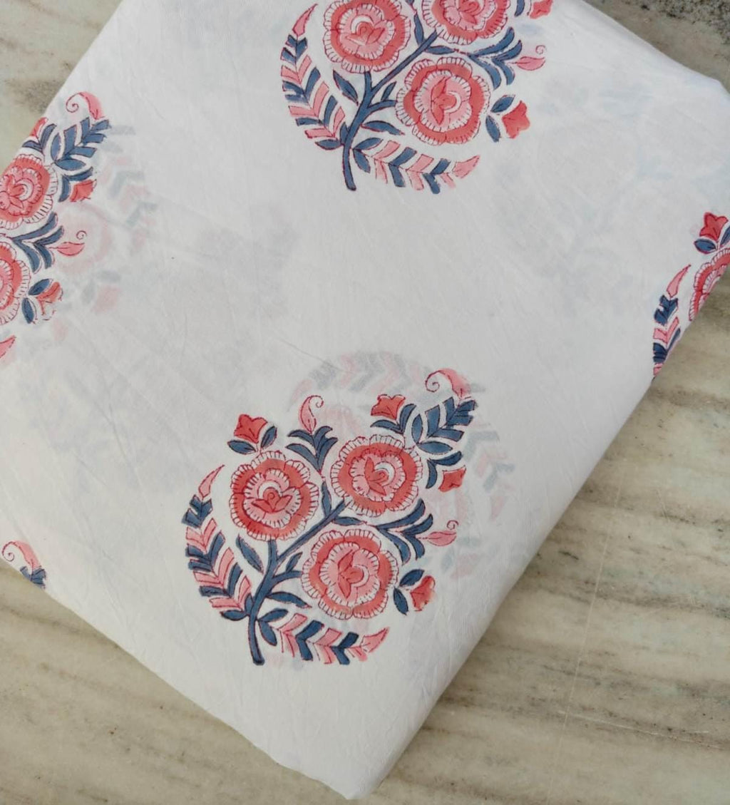 Pink Blue Floral Cotton Fabric, Indian Block Print Fabric, White Floral Cotton Fabric by the Yard, Hand Block Fabric, Dressmaking Fabric