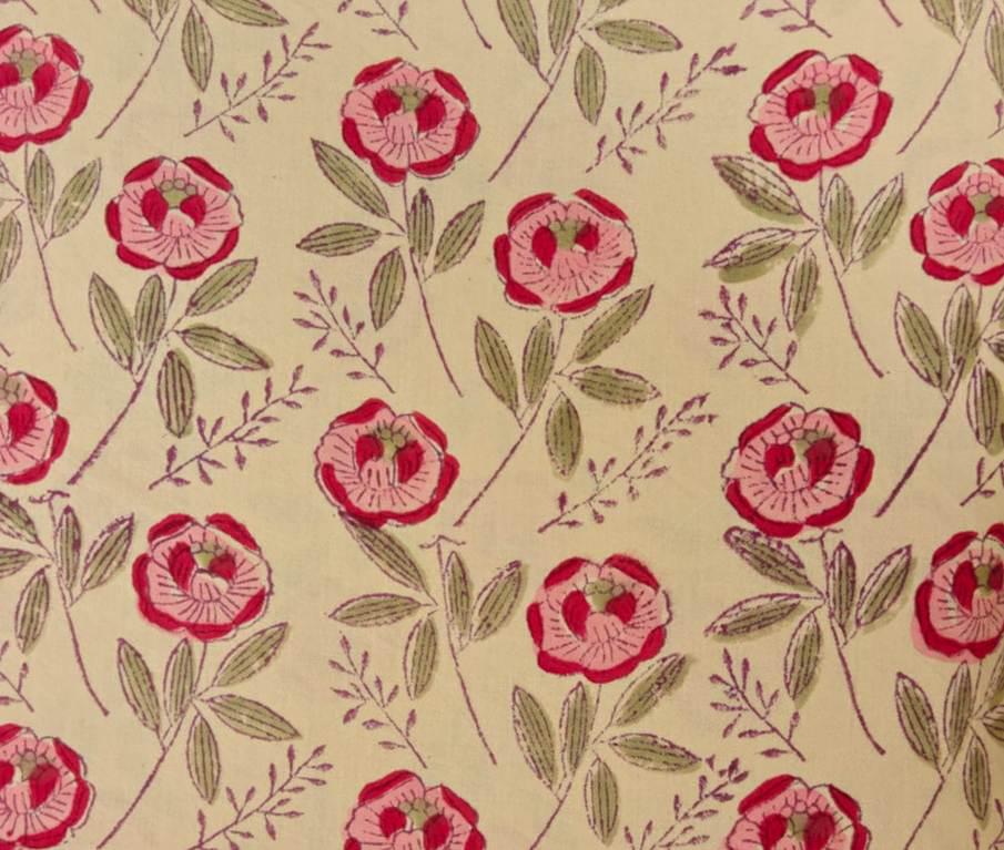 Floral Cotton Fabric by the Yard, Red & Pink Flower Print on Cream, Vintage Inspired Botanical Quilting Fabric, Soft Craft and  Dressmaking
