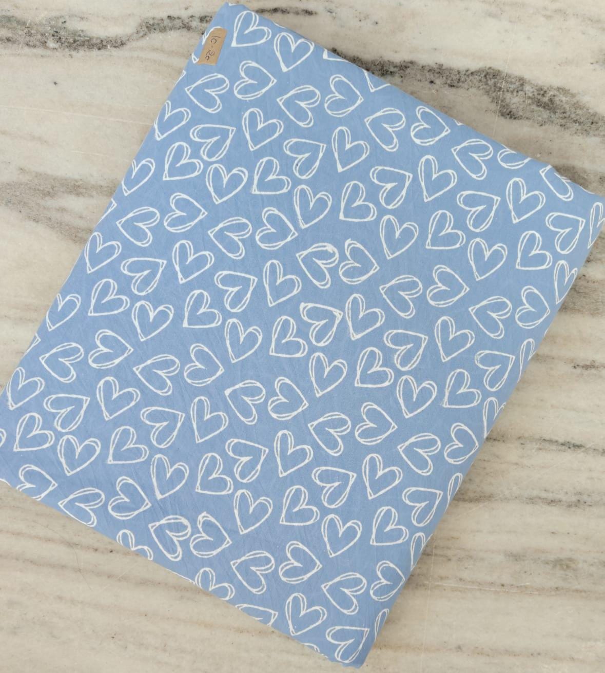 Designer Blue Heart Print Cotton Fabric | Hand Block Print White Heart Pattern Fabric | Floral 100% Cotton Quilting Fabric By The Yard
