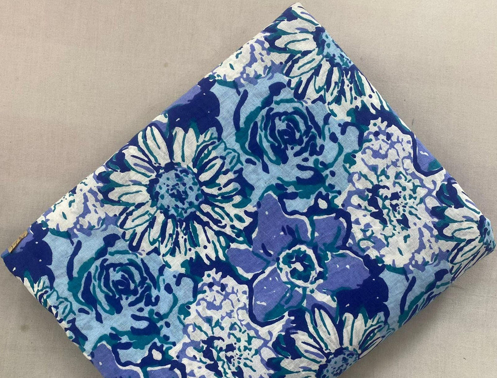 Blue Floral Cotton Fabric, Vintage Flower Print Fabric, Indian Cotton Fabric, Block Print Style Fabric Craft Fabric, Dress Upholstery Fabric