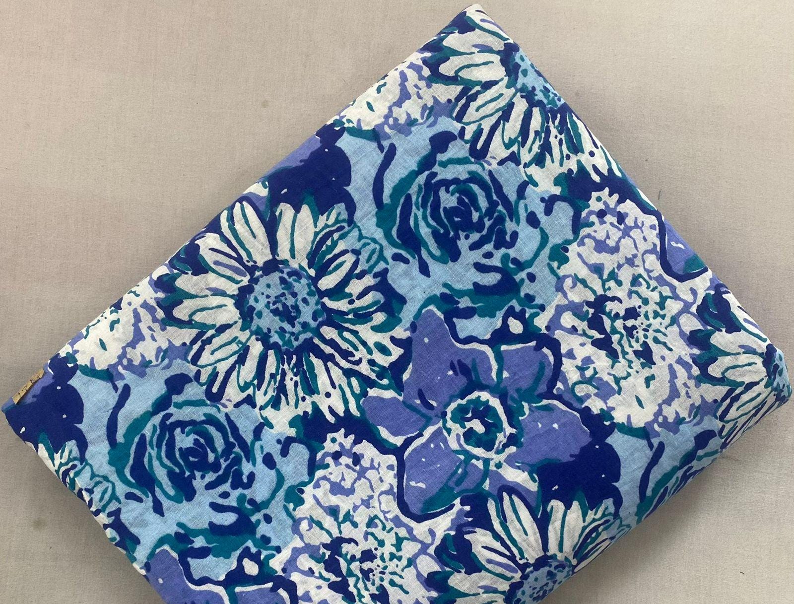 Blue Floral Cotton Fabric, Vintage Flower Print Fabric, Indian Cotton Fabric, Block Print Style Fabric Craft Fabric, Dress Upholstery Fabric
