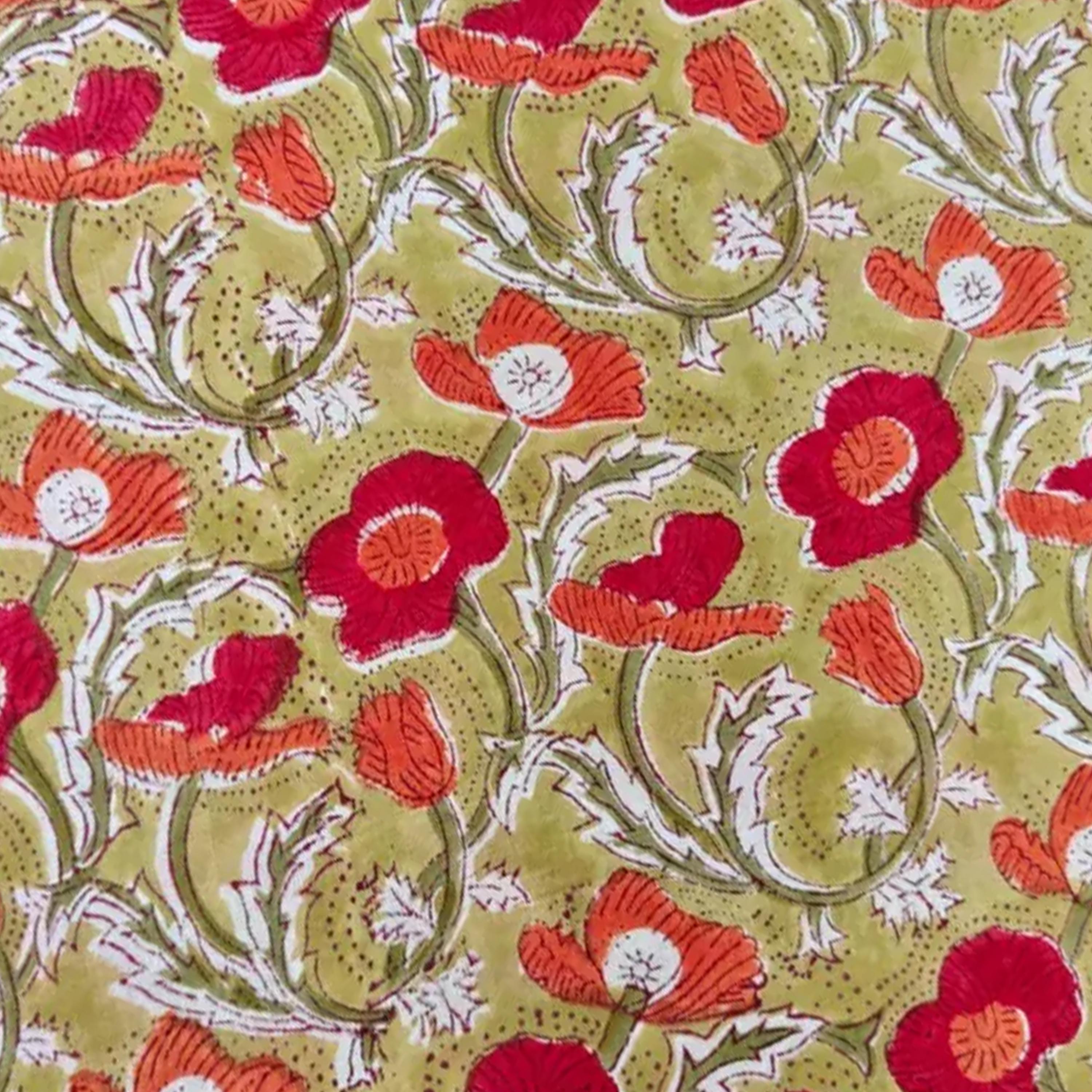Hand Block Printed Cotton Cushion Cover, Green Floral Pillow Cover, 16x16 Handmade Cushion, Red Flower Print Throw Pillow, Boho Home Decor