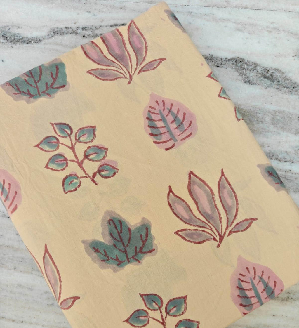 Beige Botanical Cotton Fabric by the Yard – Hand Block Print Leaf Fabric – Indian Cotton for Quilting & Dressmaking, Handmade Fabrics