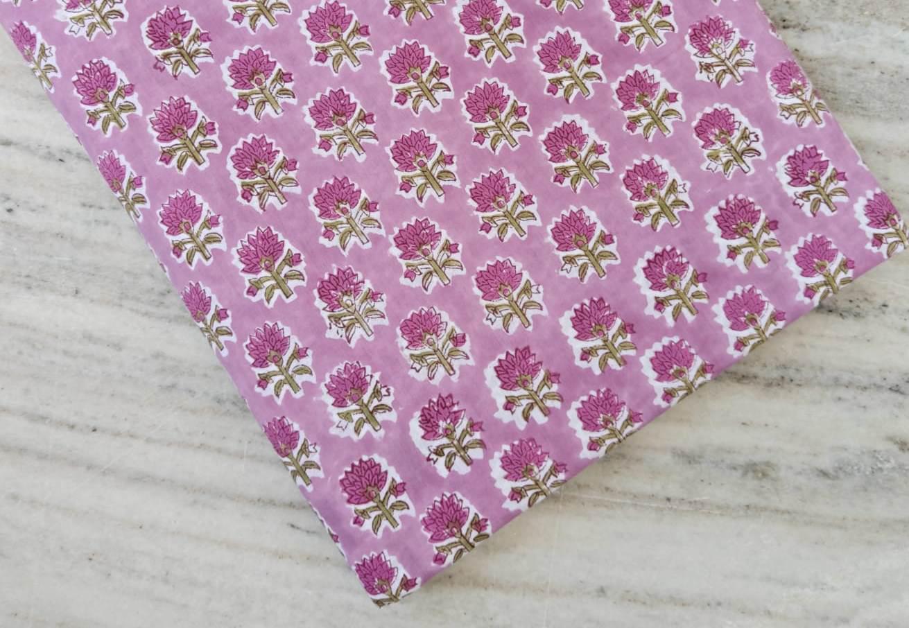 Pink Green Floral Cotton Fabric, Hand Block Print by the Yard, Indian Soft Cotton for Quilting, Dressmaking, Napkins Fabric, Christmas Decor