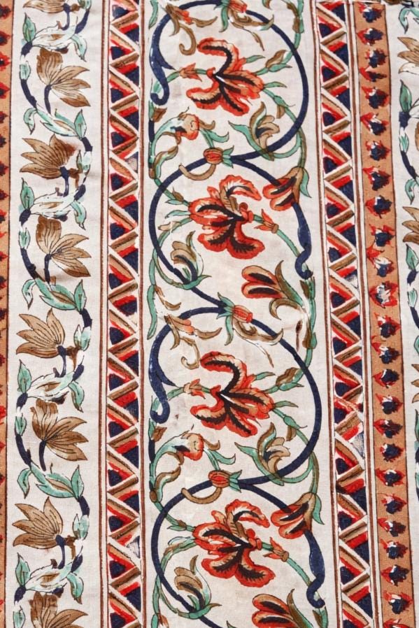 Floral Vine with Geometric Border, Indian Ethnic Cotton Textile, Indian Hand Block Print Cotton Fabric, Loose Running Fabric, Napkins Fabric