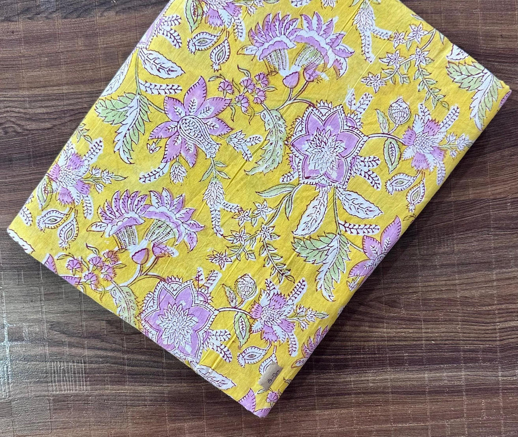 Yellow Floral Cotton Fabric by the Yard, Hand Block Print Indian Cotton Fabric, Quilting Fabric, Boho Home Decor, Dressmaking Sewing Fabric