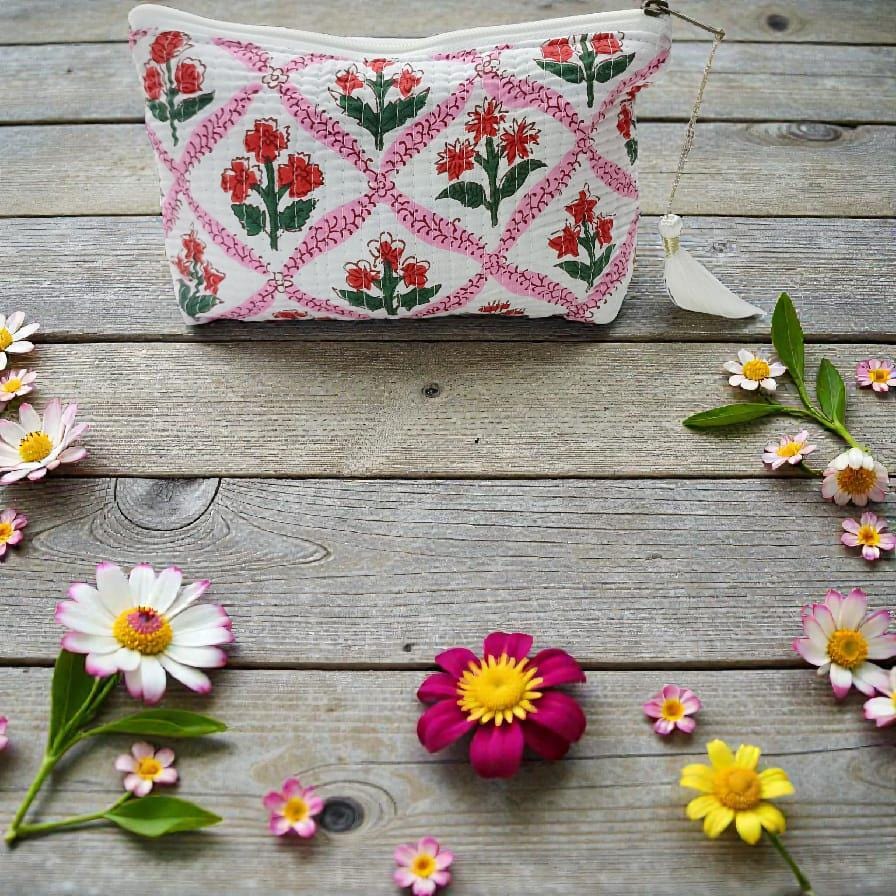 Pink Floral Quilted Pouch | Block Print Cosmetic Bag | Tassel Zipper Travel Pouch | Waterproof Bags | Pouch | Handmade Pouch