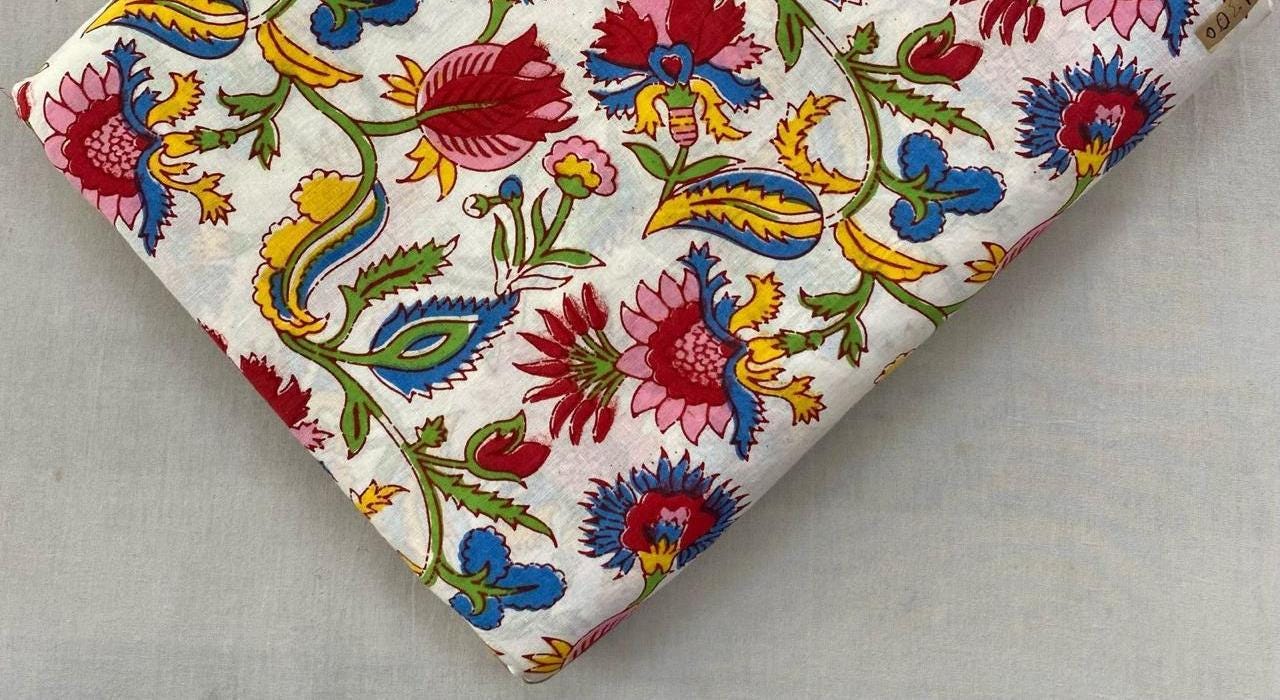 Indian Hand Block Print Fabric, Floral 100% Cotton Quilting Fabric By The Yard, Fabric For Dress Making, Loose Running Fabric, Napkin Fabric