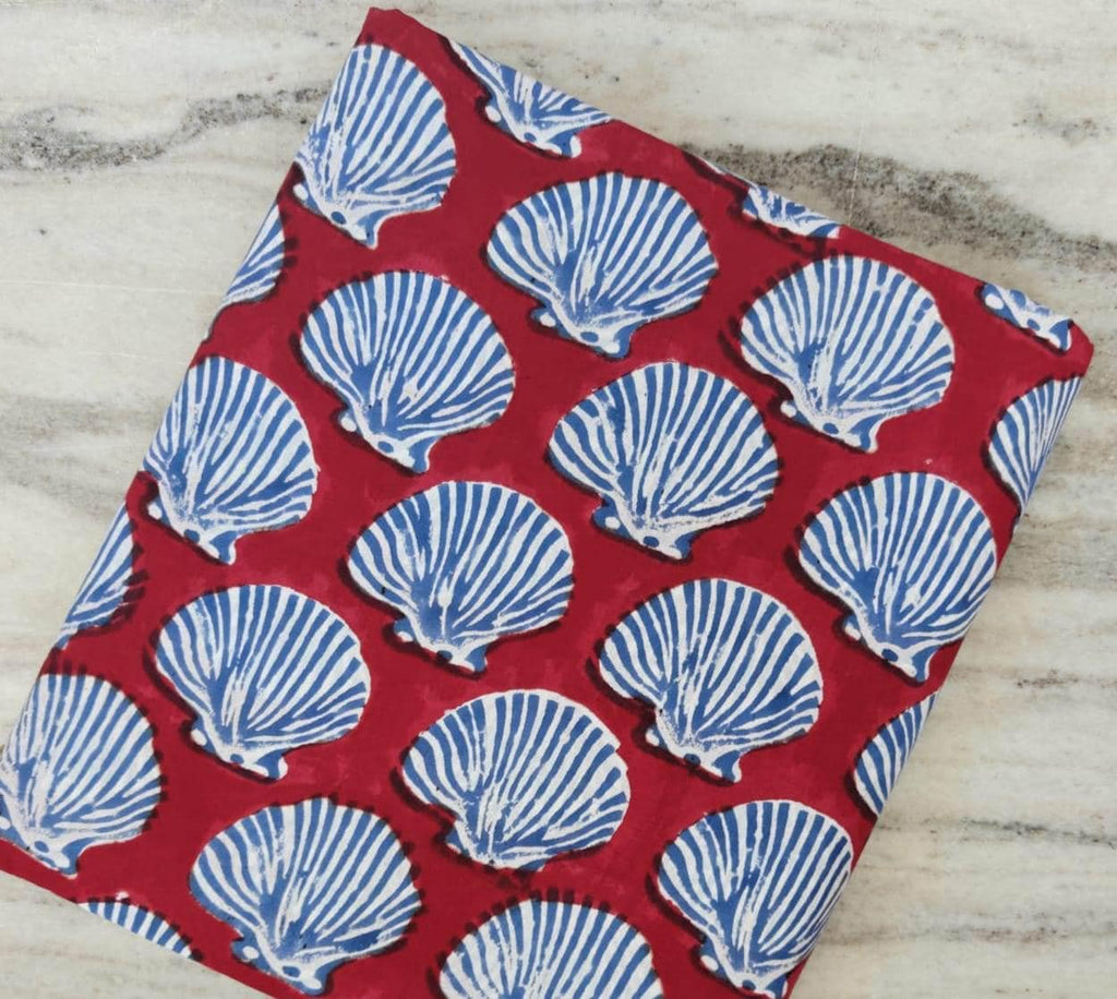 Red Seashell Block Print Cotton Fabric, Nautical Coastal Fabric, Blue Shell Indian Cotton Fabric, Beach Theme Quilting Craft Fabric by Yard