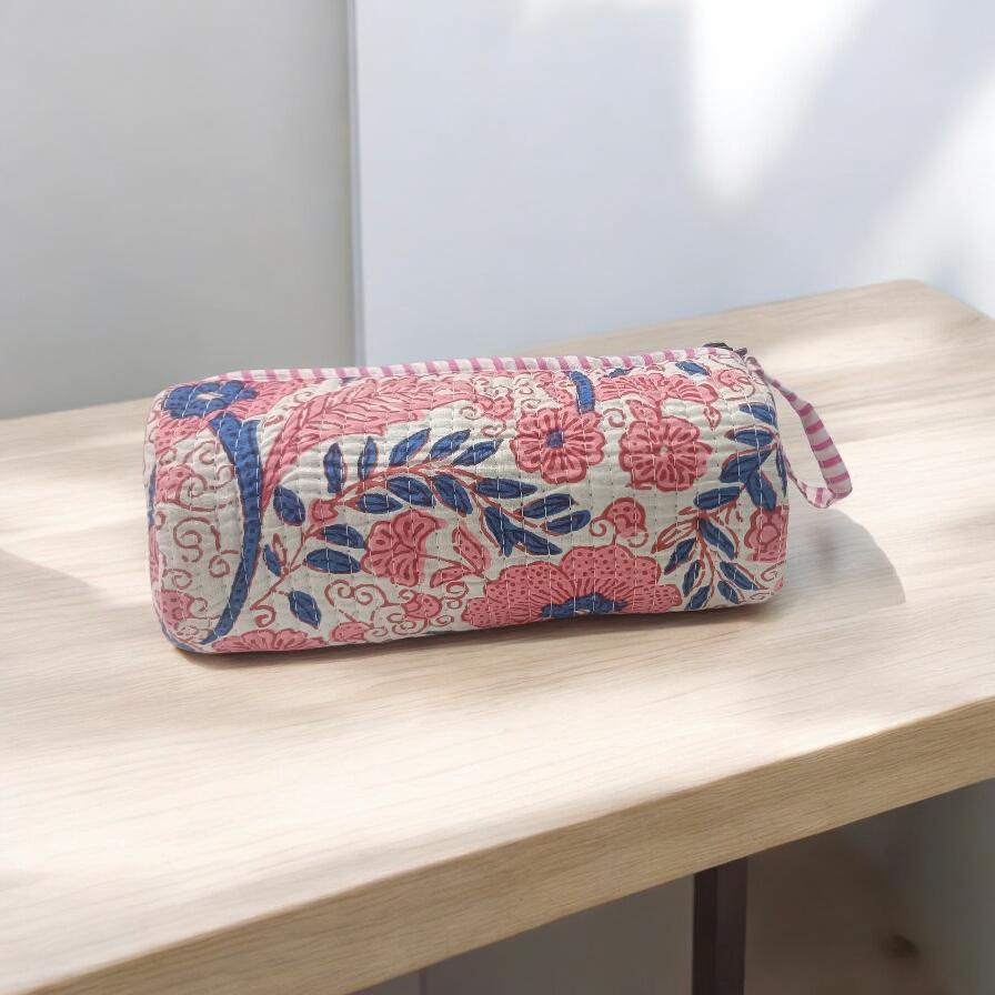 Quilted Floral Makeup Bag, Handmade Cotton Zip Pouch, Block Print Cosmetic Bag, Toiletry Pouch, Travel Makeup Organizer, Christmas Gifts
