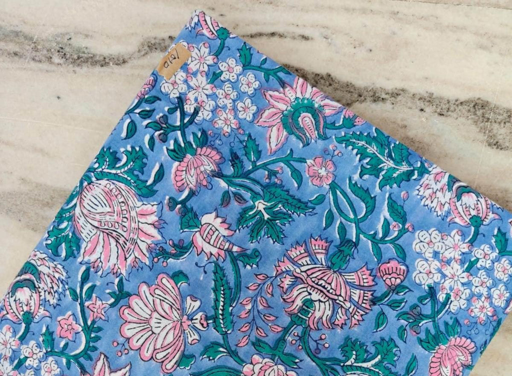 Blue Pink Indian Hand Block Print Fabric, 100% Cotton Quilting Fabric By The Yard, Fabric Dressmaking, Loose Running Fabric, Napkin Fabric
