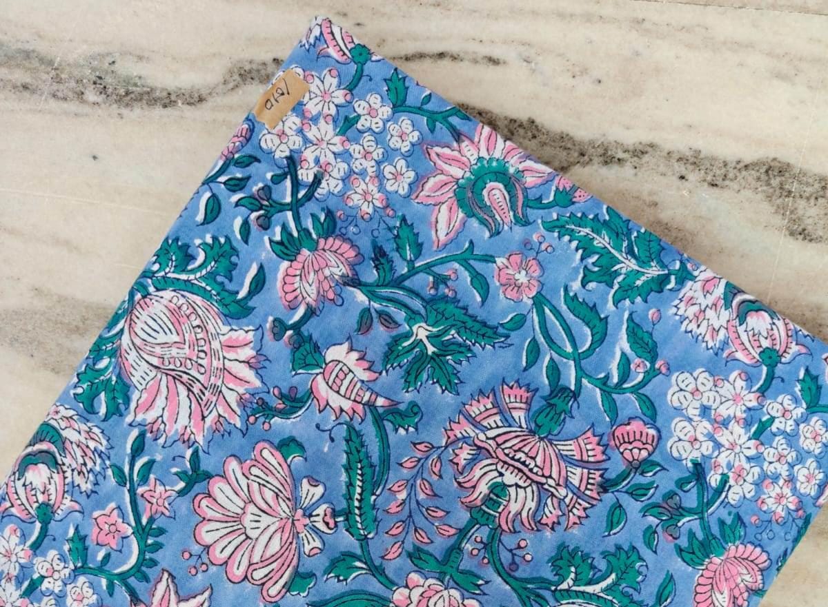 Blue Pink Indian Hand Block Print Fabric, 100% Cotton Quilting Fabric By The Yard, Fabric Dressmaking, Loose Running Fabric, Napkin Fabric