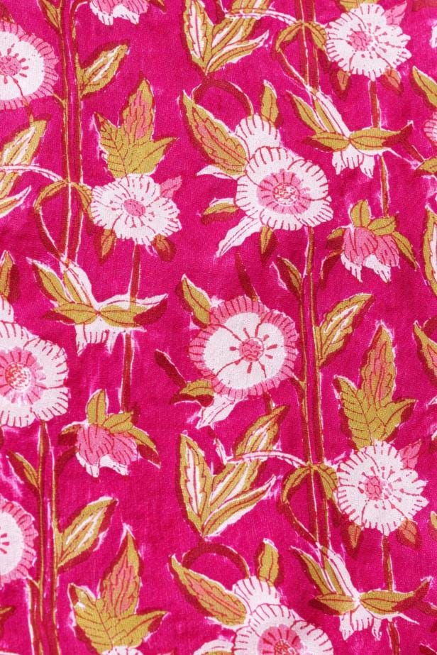 Hot Pink Indian Hand Block Print Fabric, Floral 100% Cotton Quilting Fabric By The Yard, Fabric For Dress Making, Napkin Fabric, Loose Running Fabric