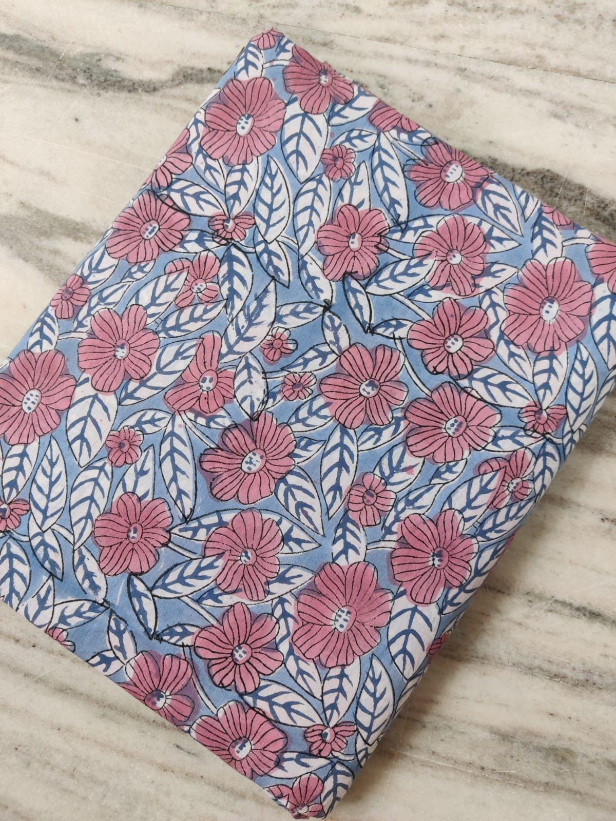 Blue Pink Floral Cotton Fabric by the Yard, Soft Lightweight Quilting Fabric, Printed Dressmaking Cloth for Sewing, Handmade Textile