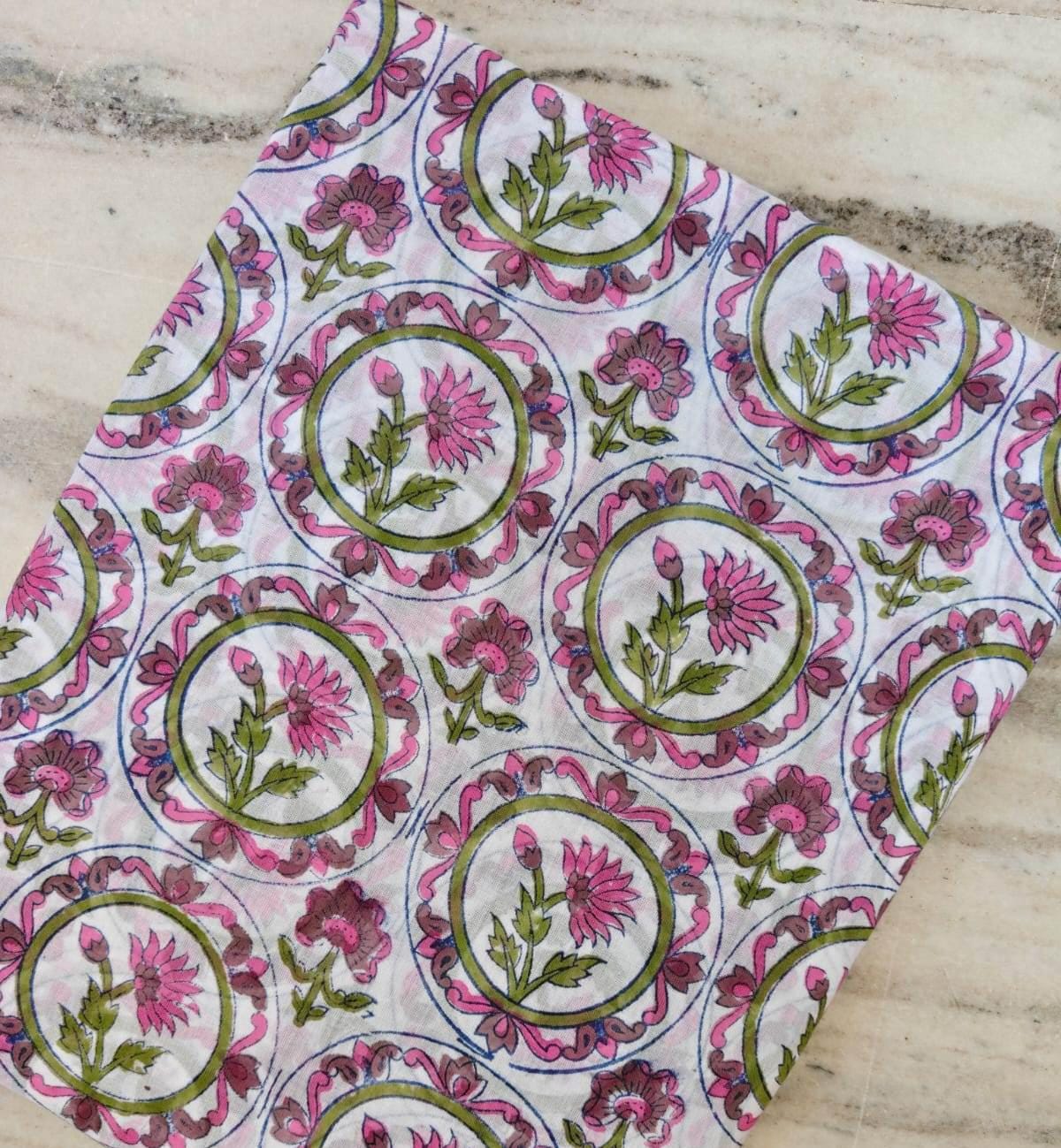 Pink Floral Cotton Fabric, Indian Hand Block Print Fabric, White Cotton Boho Fabric, Floral Circle Print Fabric, Dressmaking Craft Fabric
