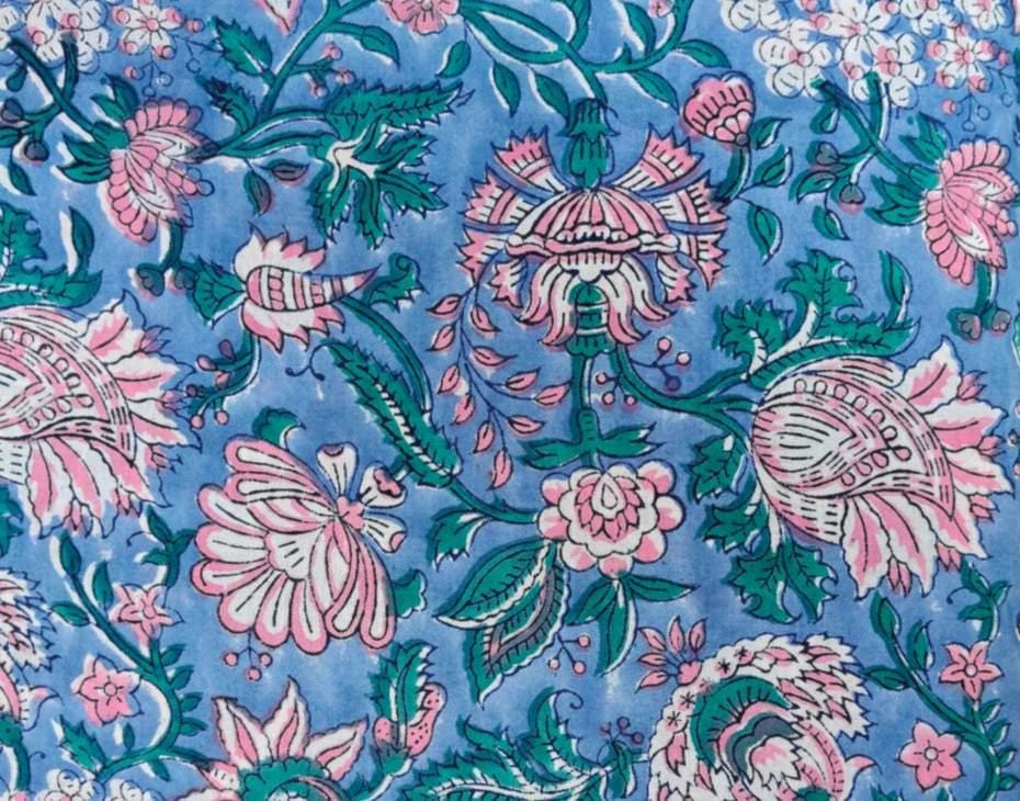 Blue Pink Indian Hand Block Print Fabric, 100% Cotton Quilting Fabric By The Yard, Fabric Dressmaking, Loose Running Fabric, Napkin Fabric
