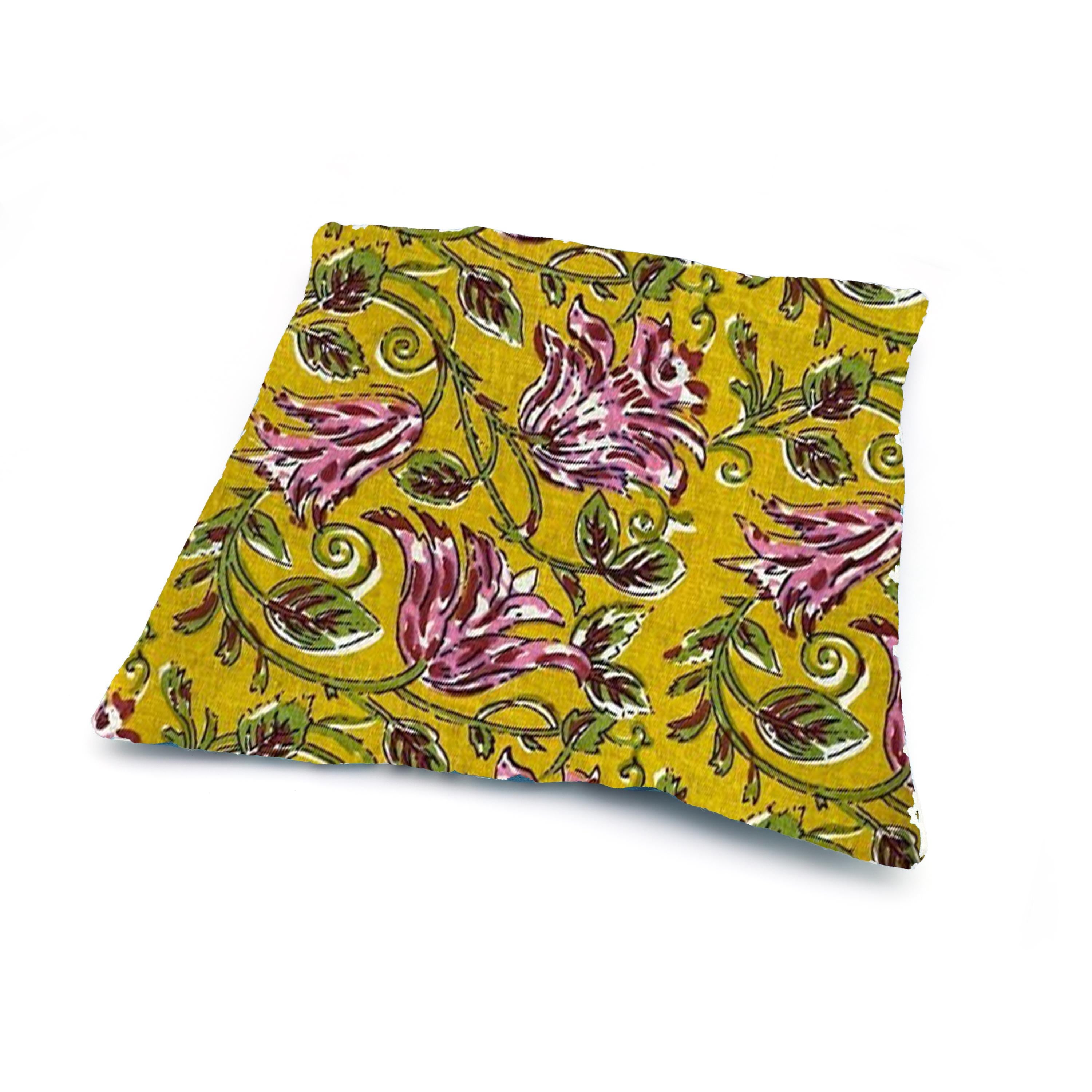 Mustard Floral Cotton Cushion Cover, Hand Block Print Pillow Cover, Pink Flower Print Throw Pillow, Boho Decorative Cushion, Home Decor